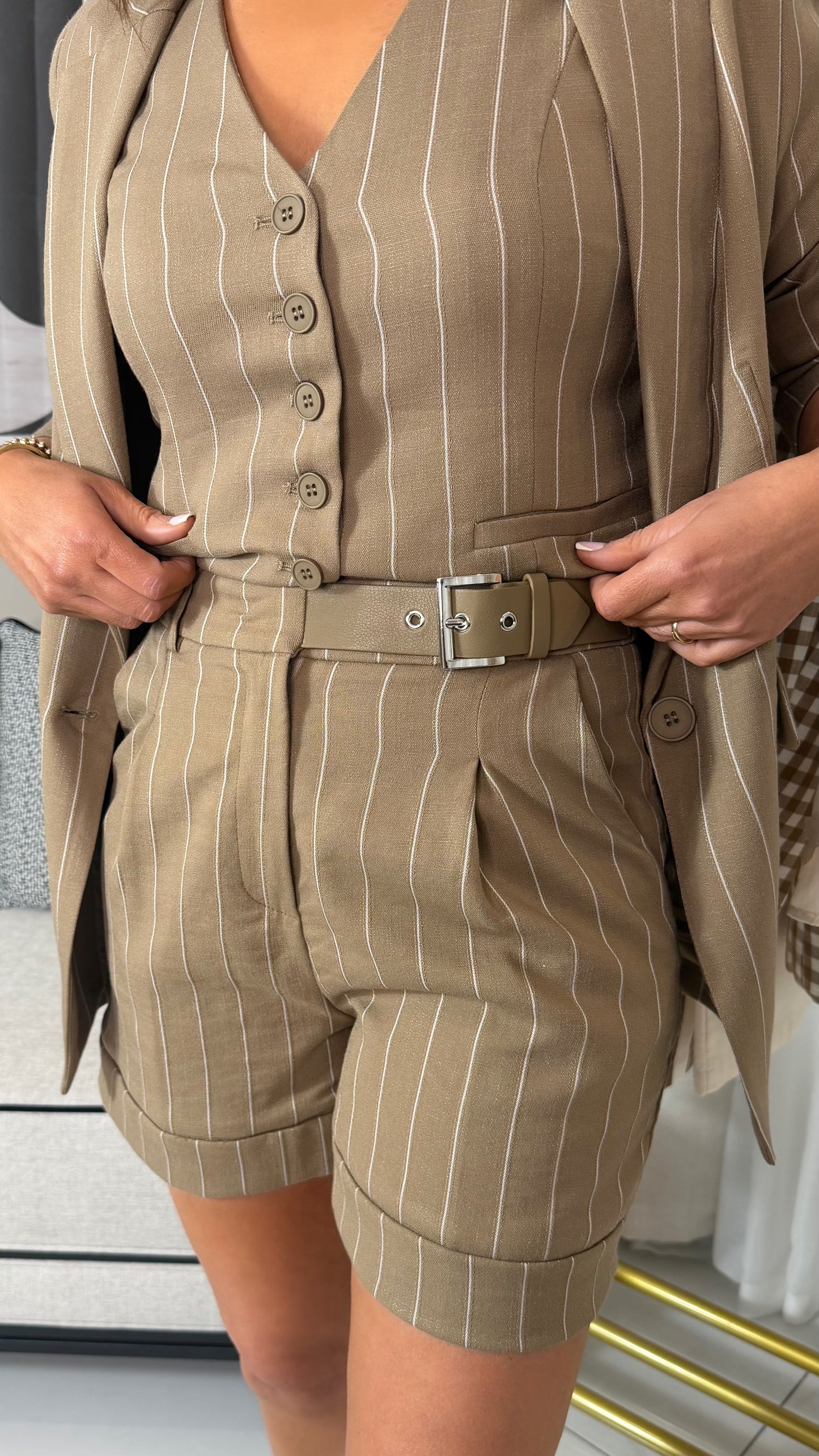 Tan Pinstripe Shorts
