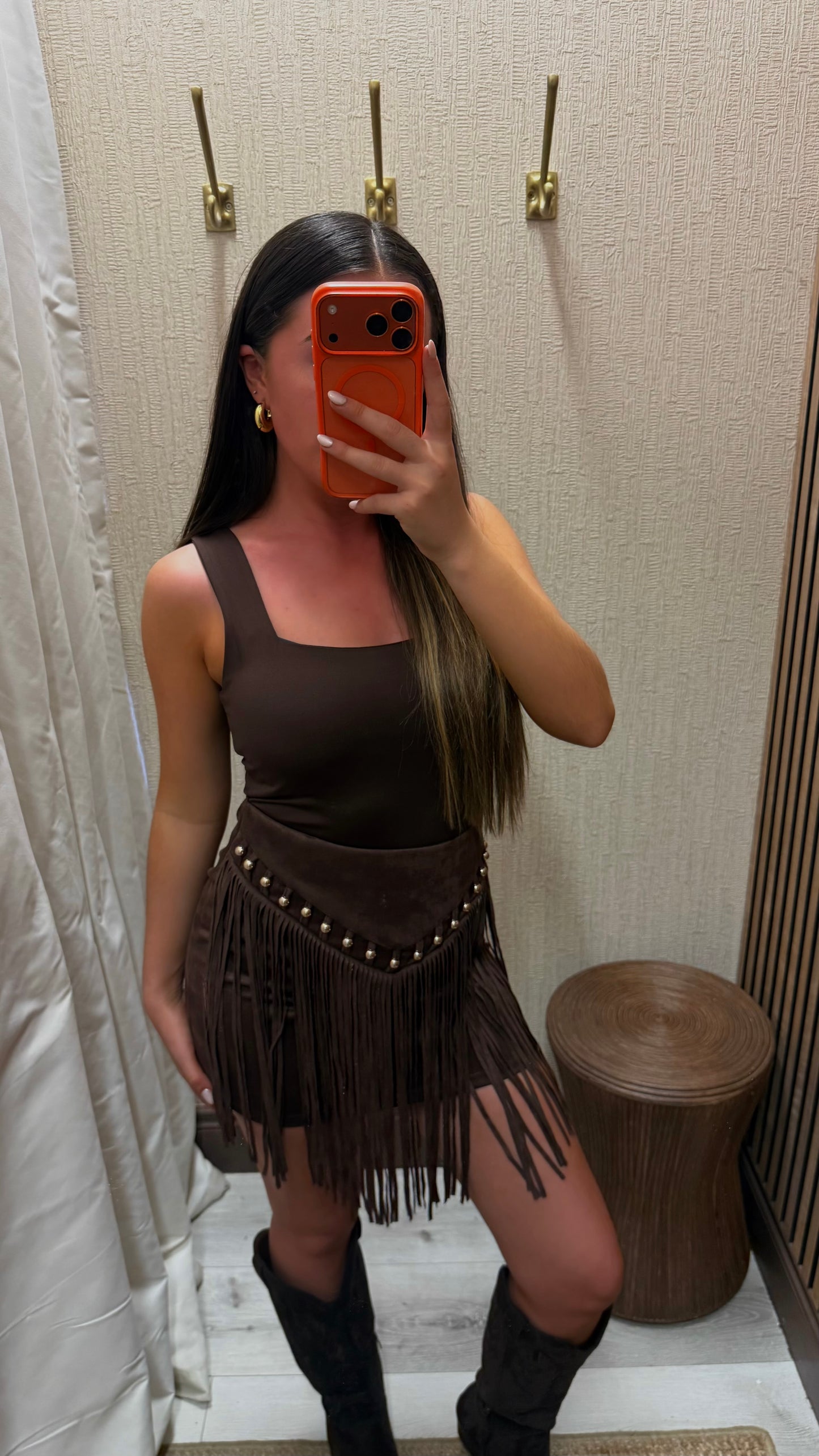 Brown Fringe Faux Suede Studded Skirt