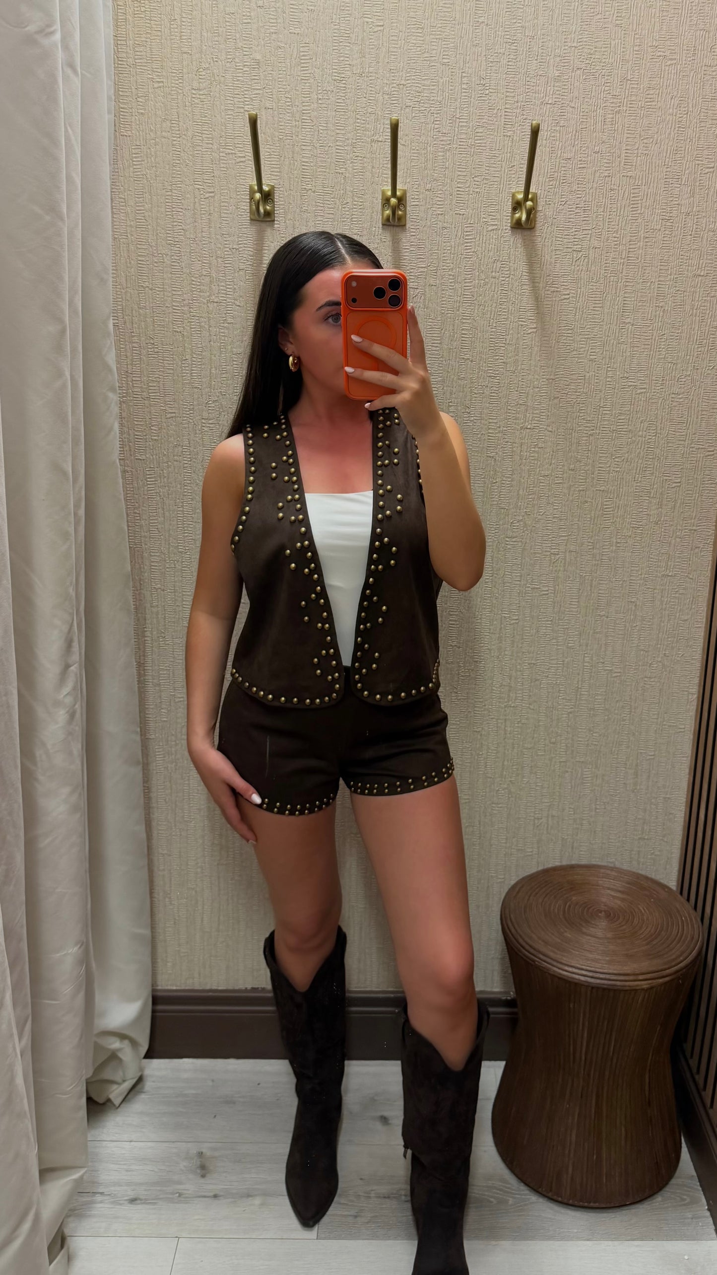 Brown Faux Suede Studded Hot Pants