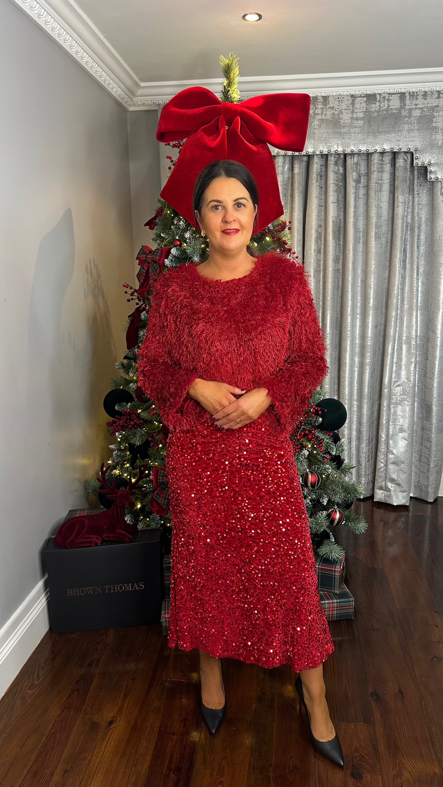 Red Sequin Midi Skirt