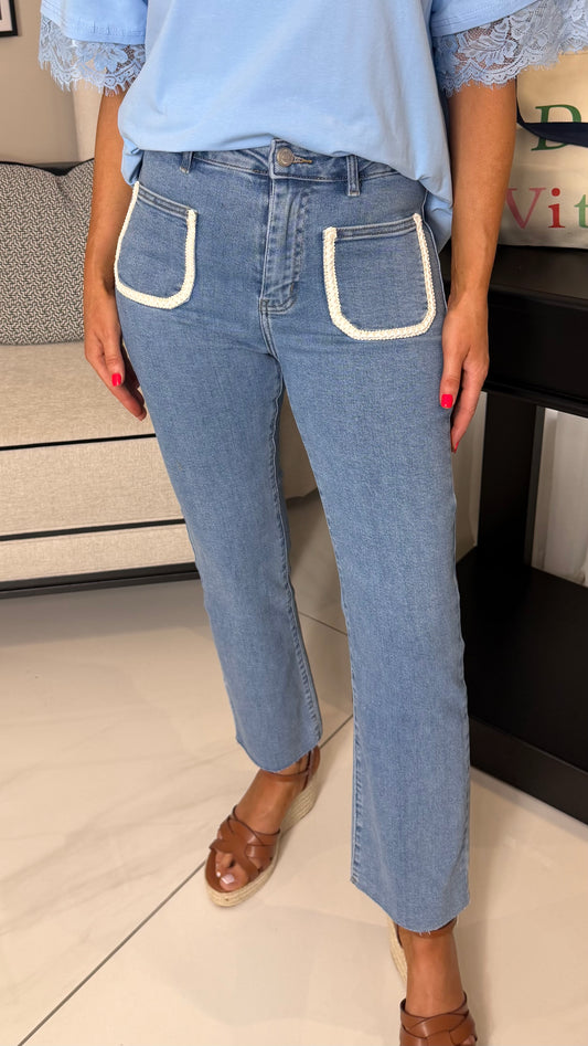Crochet Pocket Denim Crop Jeans