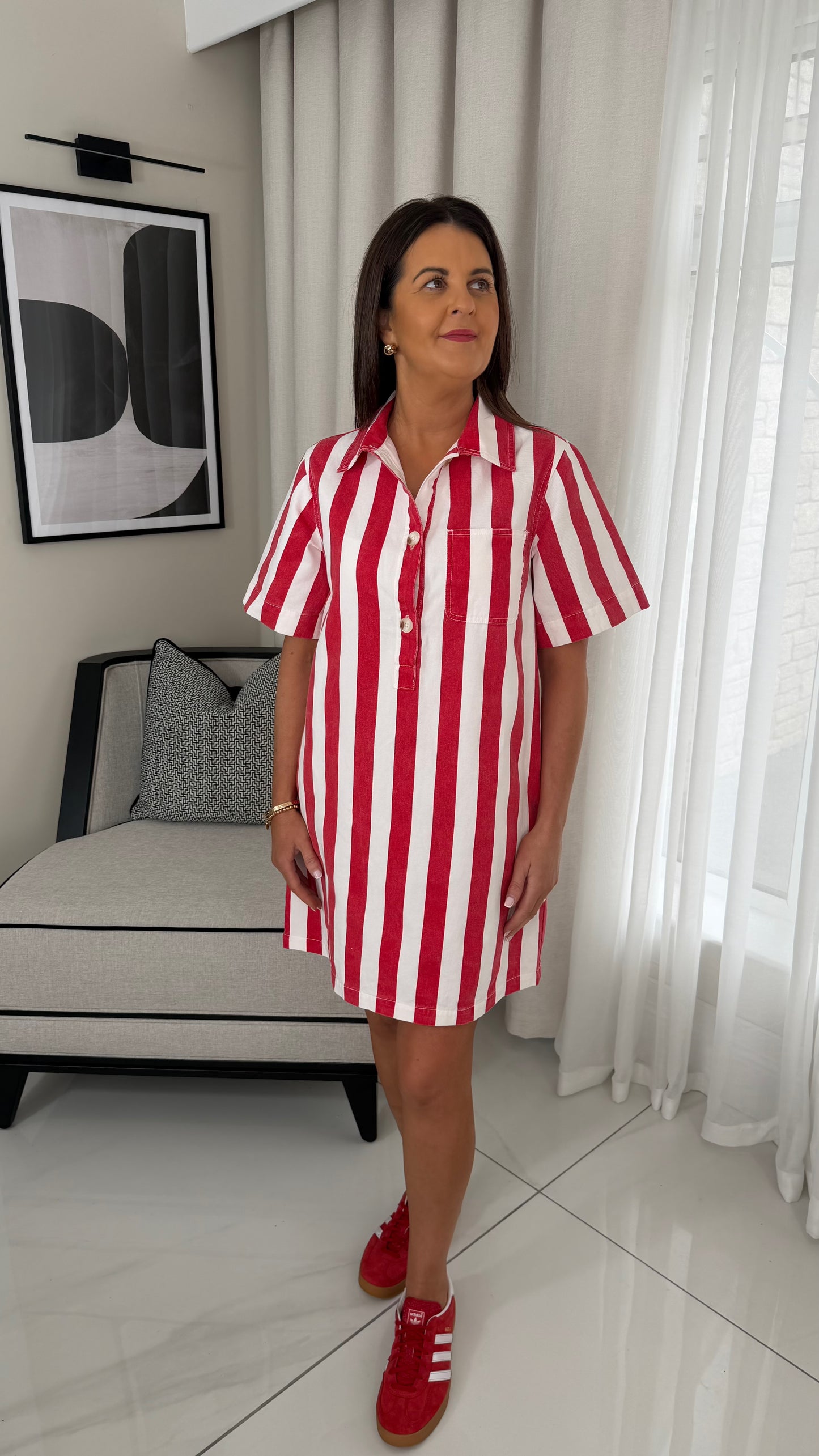 Red & White Oversized Striped Denim Dress