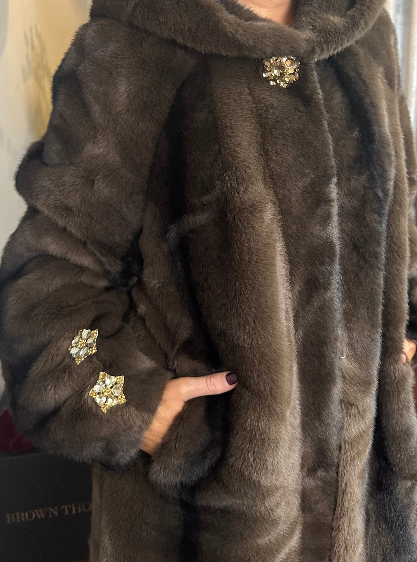 Luxe Brown Crystal Faux Fur Coat
