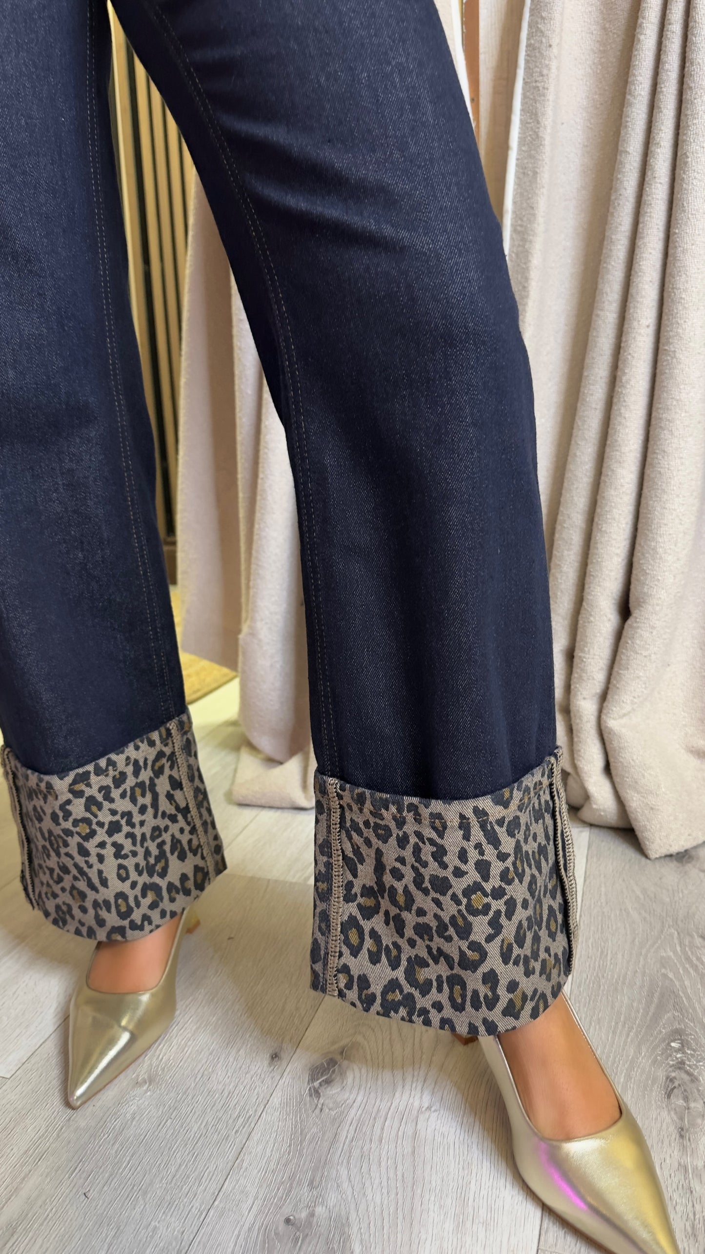Dark Denim Leopard Turn-Up Jeans