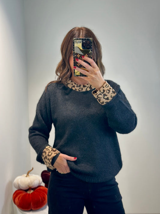 Black Leopard Trim Sweater