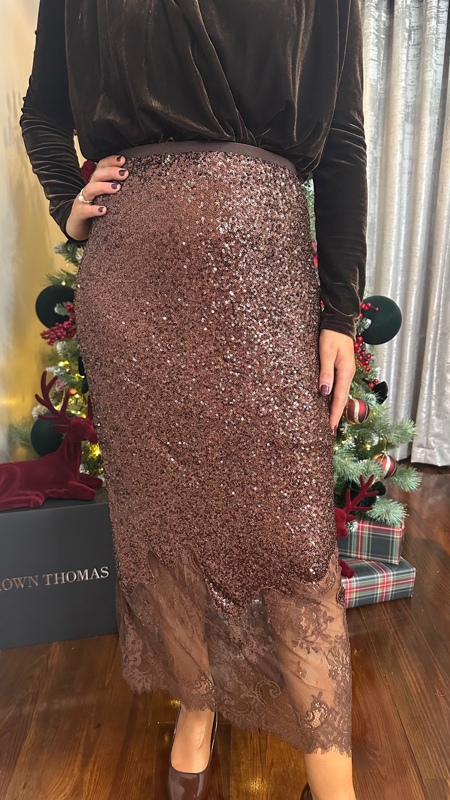 Brown Sequin Skirt with Lace Detail