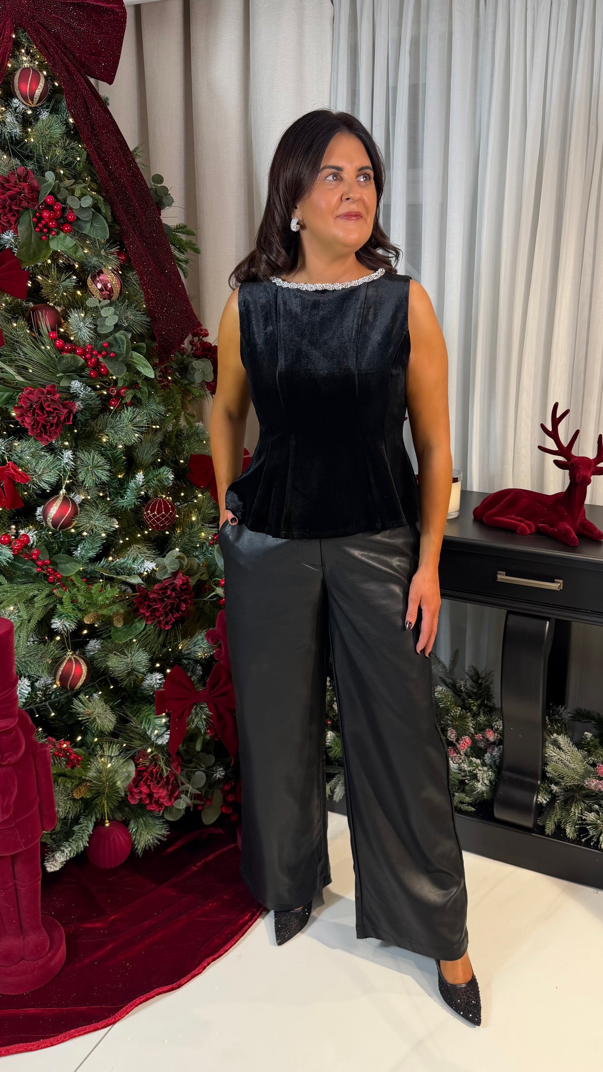 Black Velvet Top with Embellished Neckline