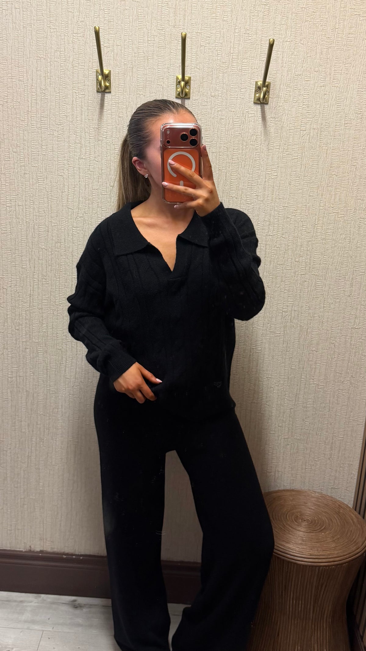 Black-Polo Cable Knit Lounge Set