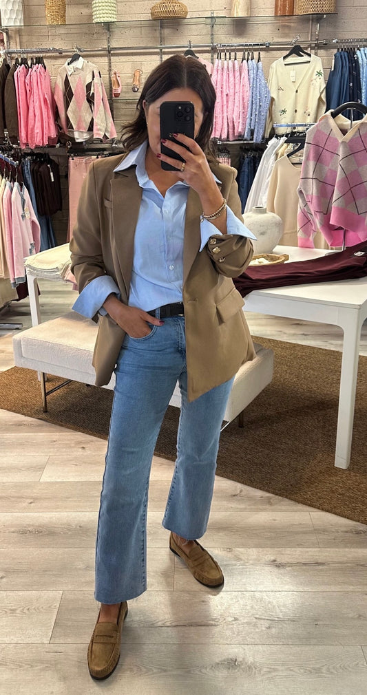 Camel Oversized Gold Button Blazer