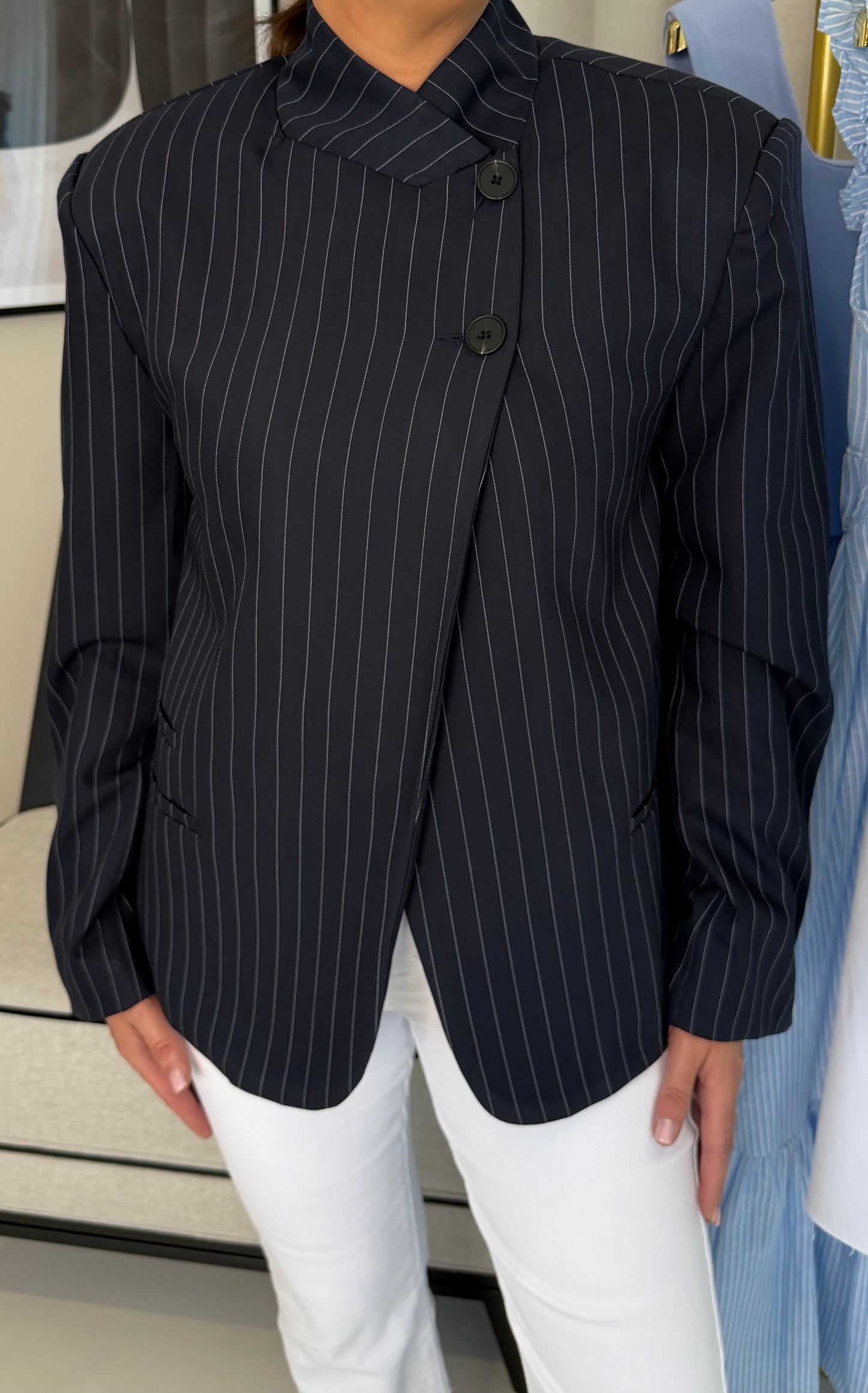 Bella High Neck Stripe Blazer Navy/White