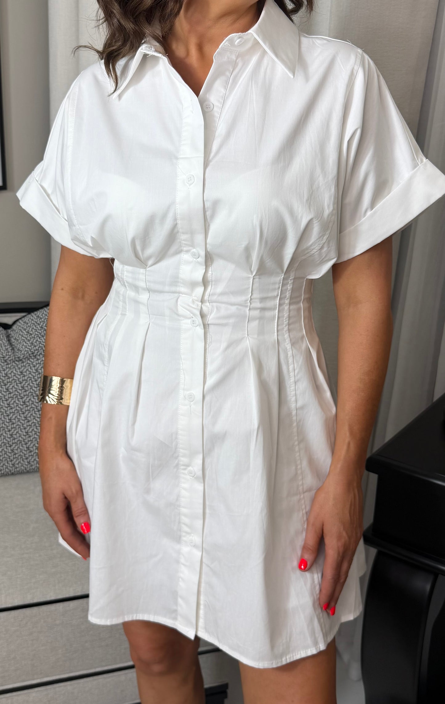 Abbie White Shirt Dress with Cinched Waist