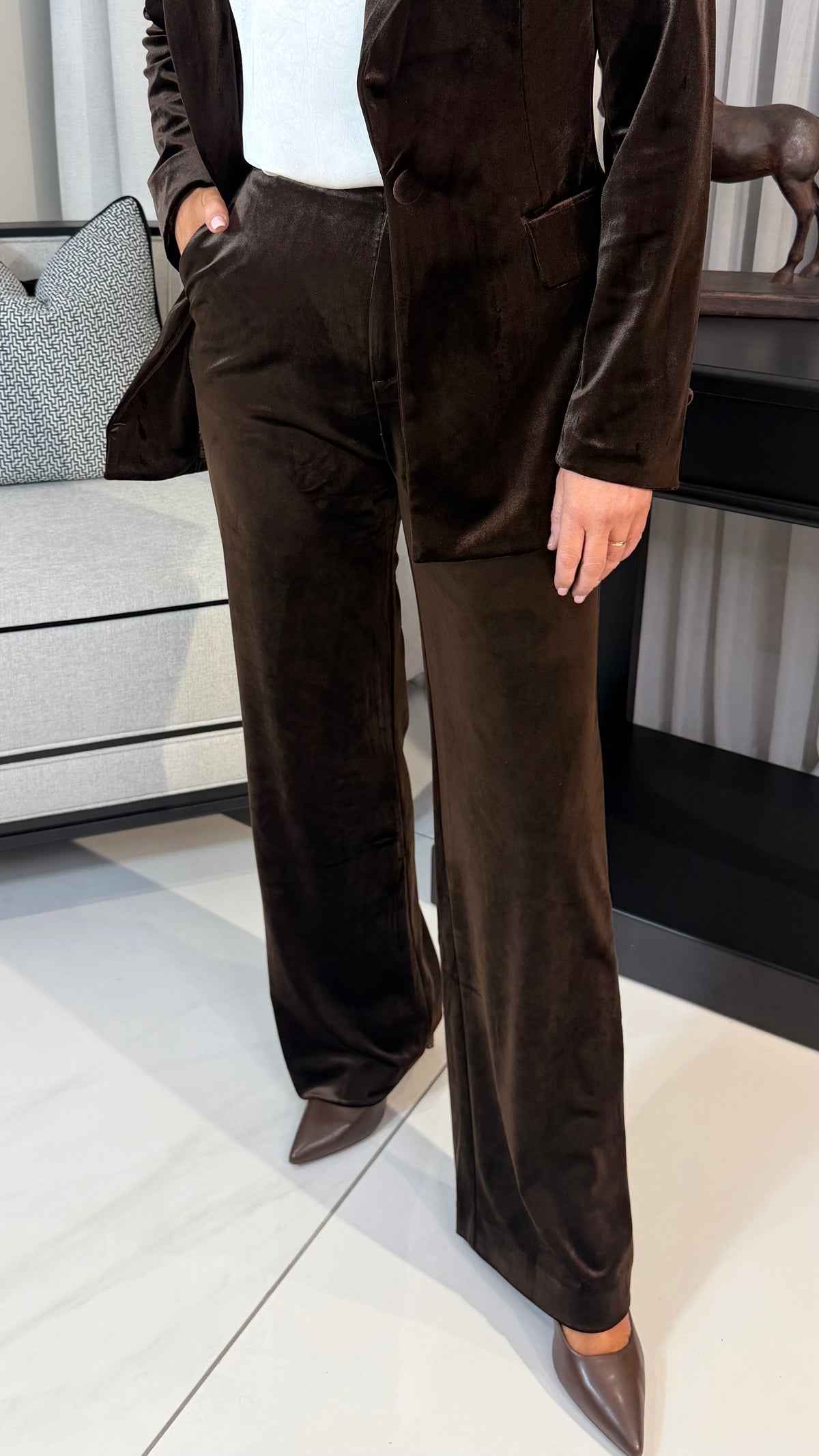 Brown Velvet Wide Leg Trousers