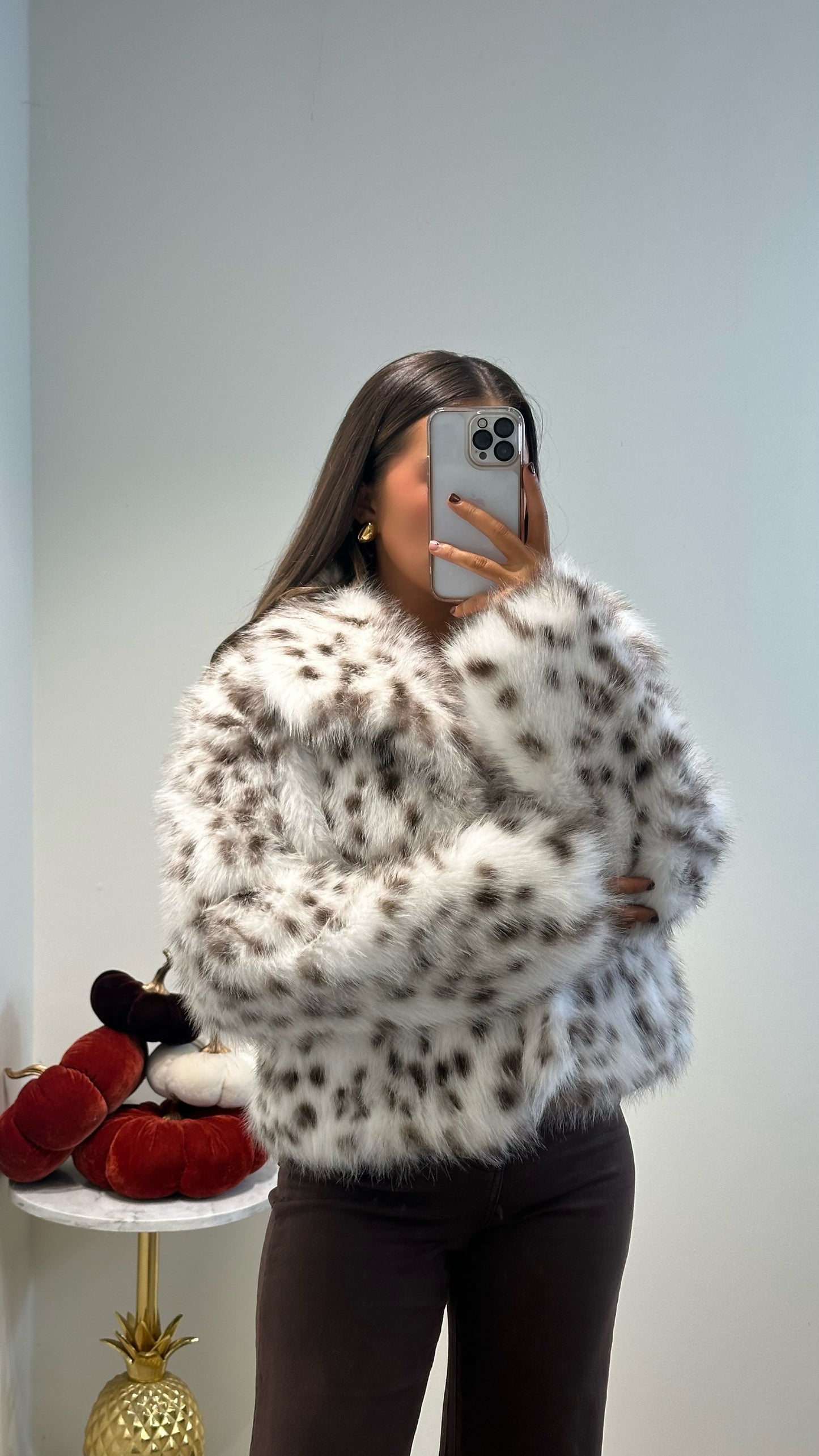 Leopard White Faux Fur Coat