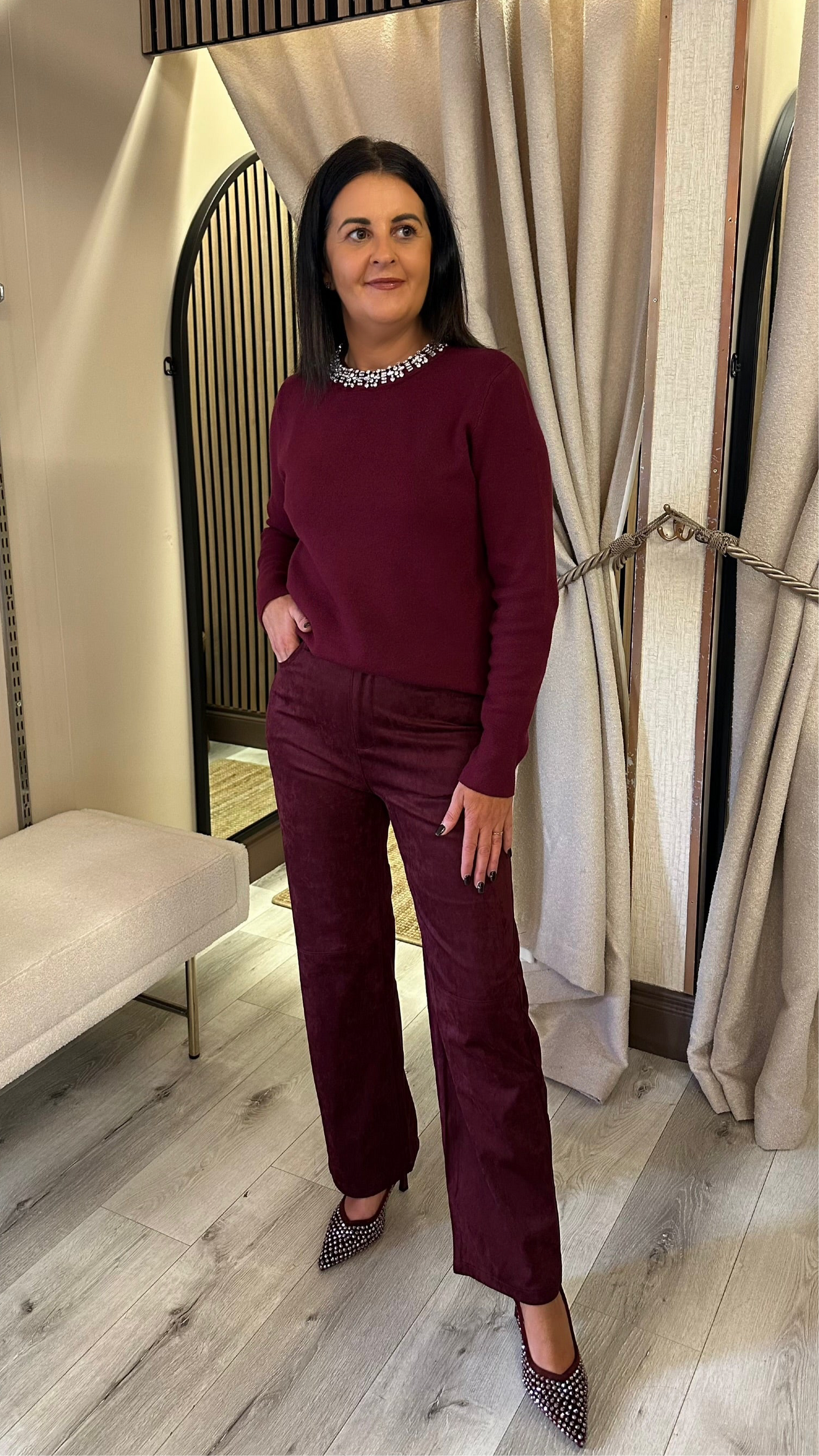 Wine Suedette Straight Leg Trousers