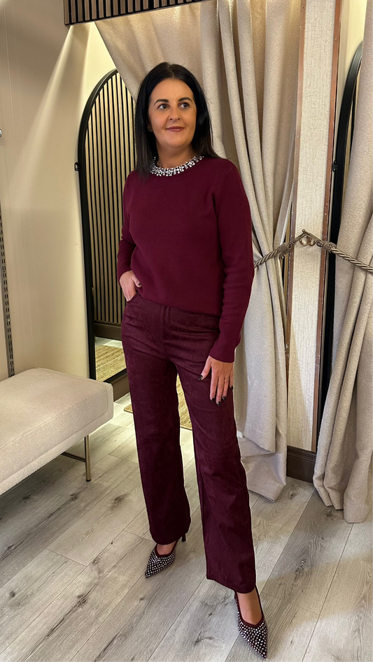 Wine Suedette Straight Leg Trousers