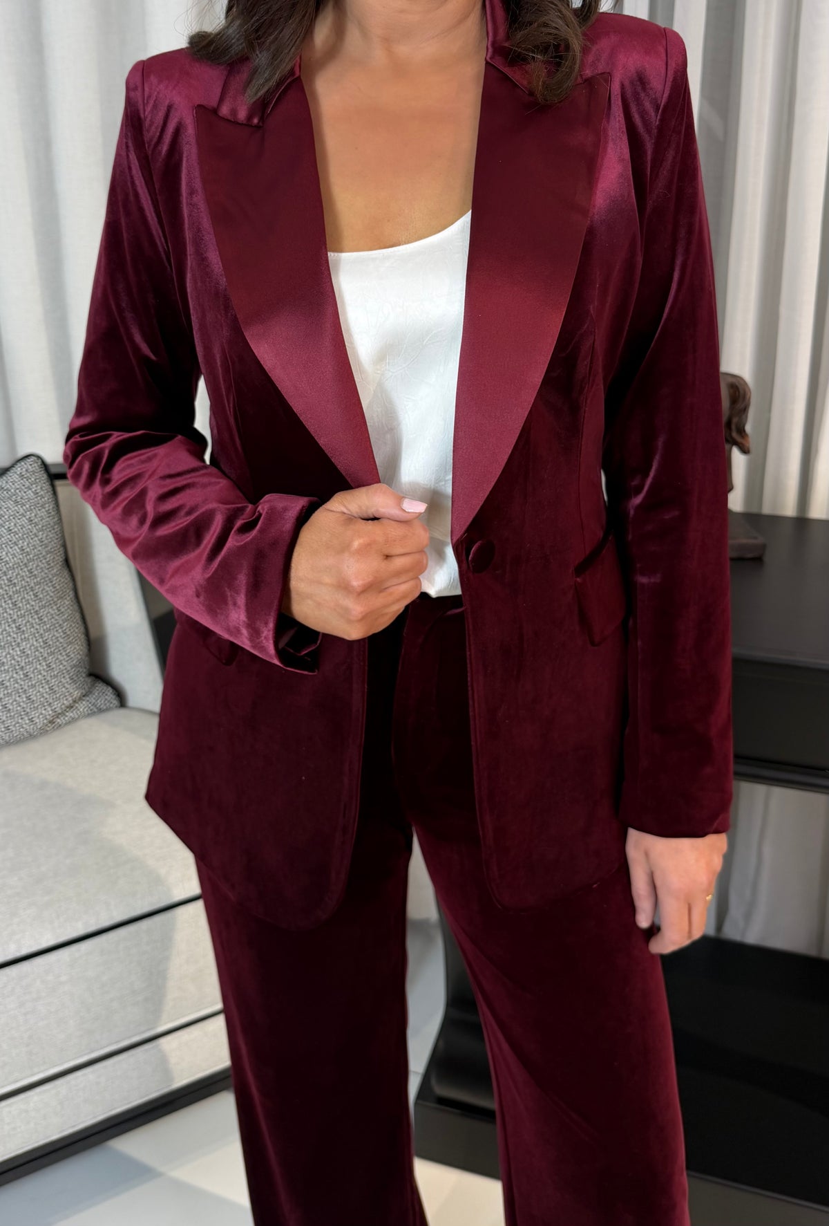 Wine Velvet Blazer with Satin Lapel