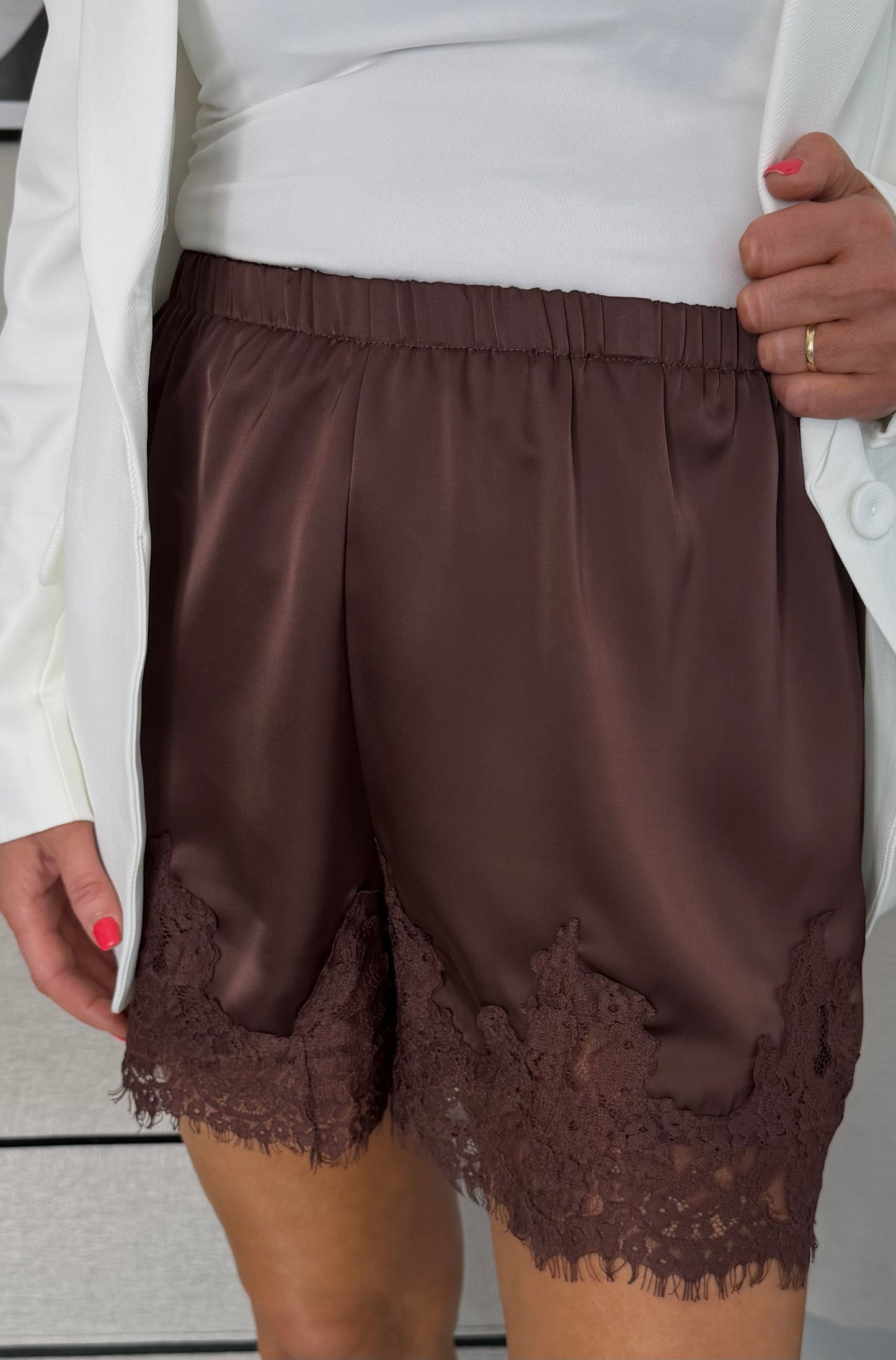 Brown Lace Trim Satin Shorts