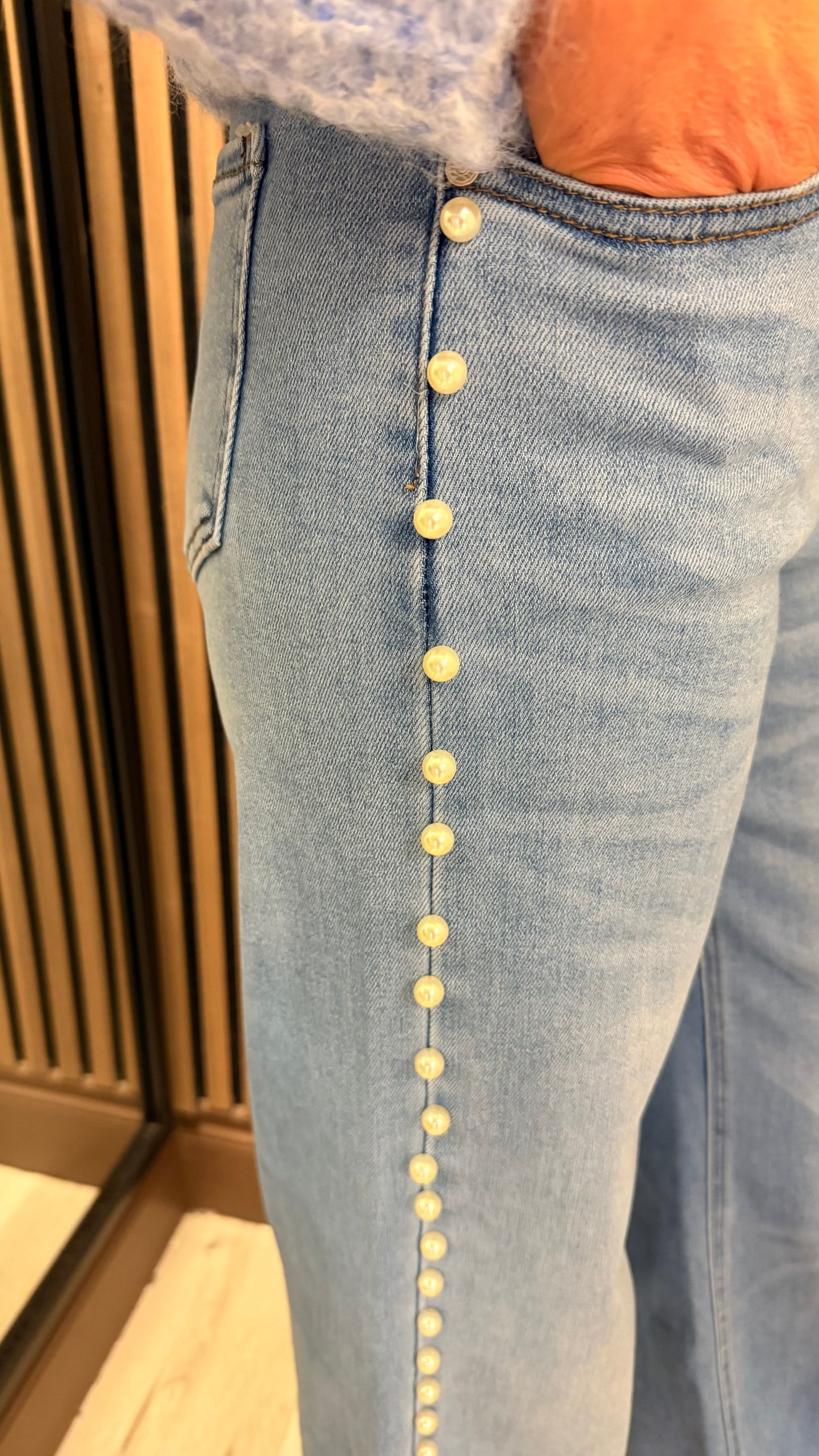 Blue Denim Wide Leg Jeans with Pearl Side Detail