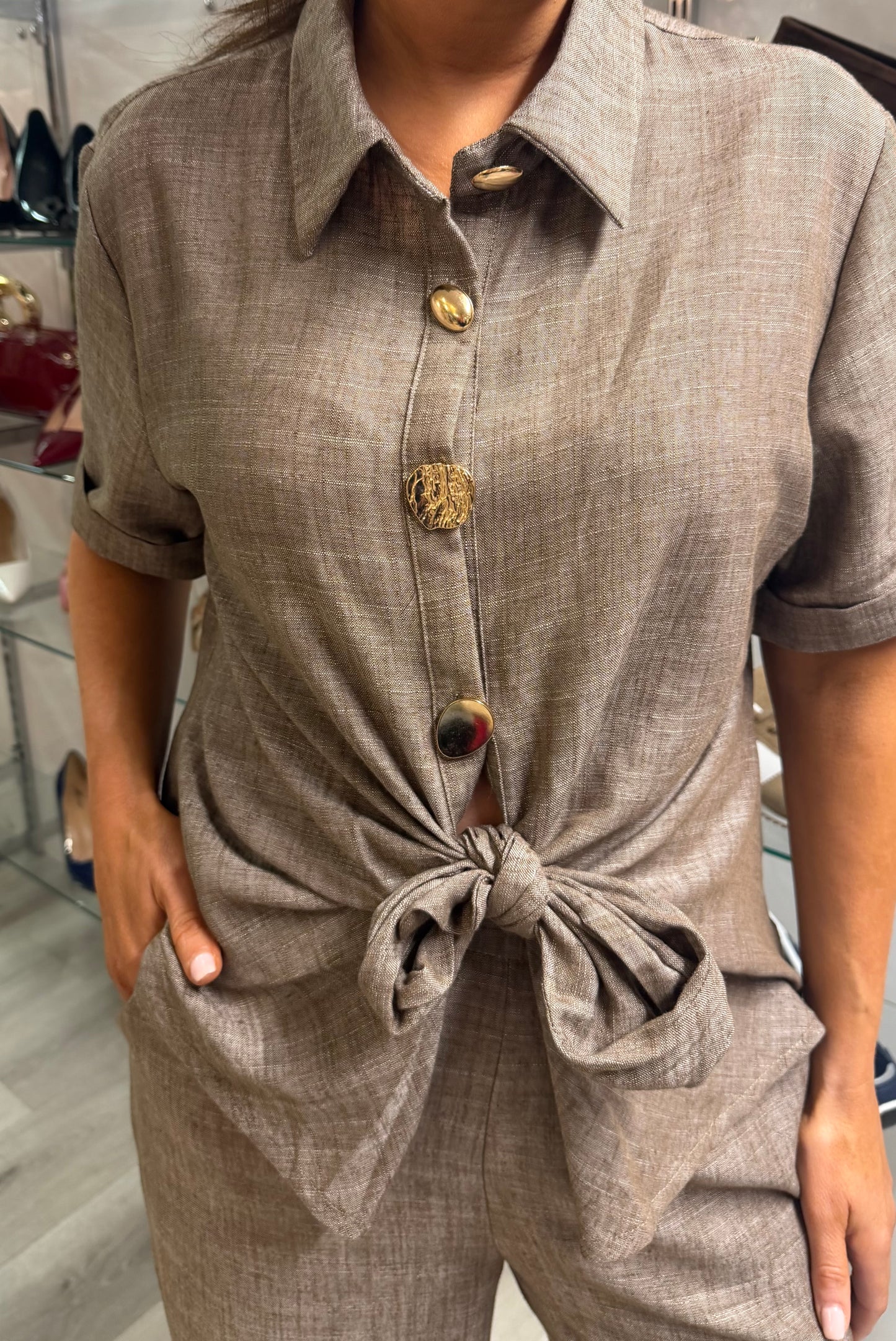 Tie-Detail Coffee Linen-Blend Shirt