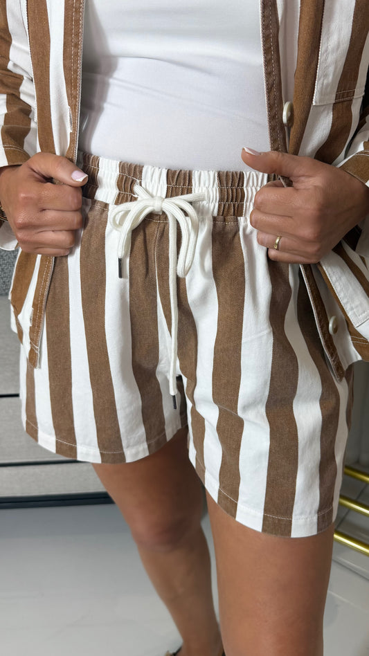 Tan & White Striped Denim Shorts