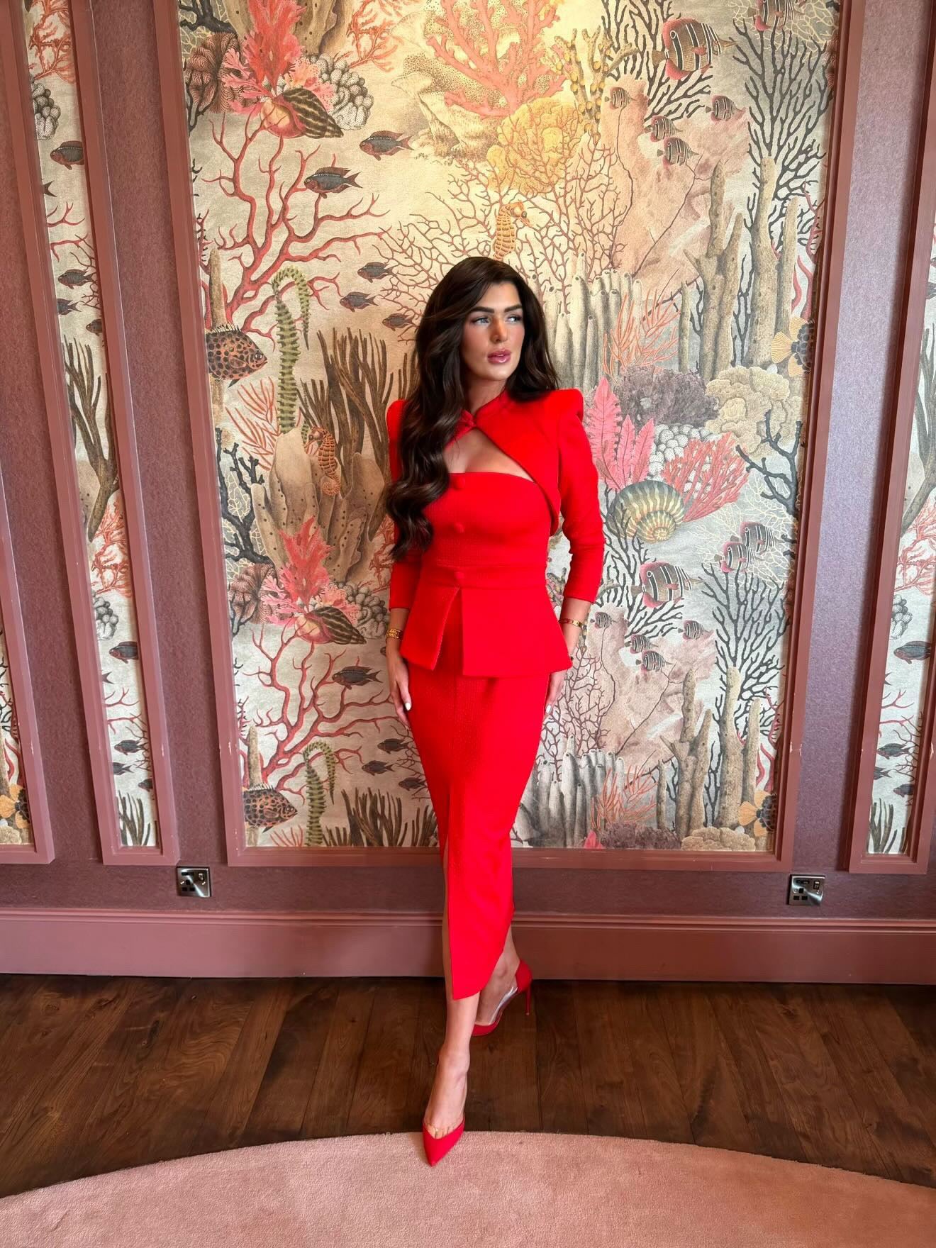 Megan Red Midi Dress with Detachable Bolero Jacket