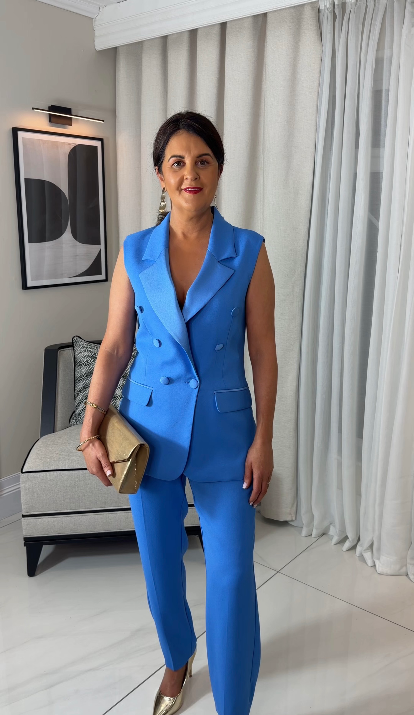 Satin Detail Blue Sleeveless Suit