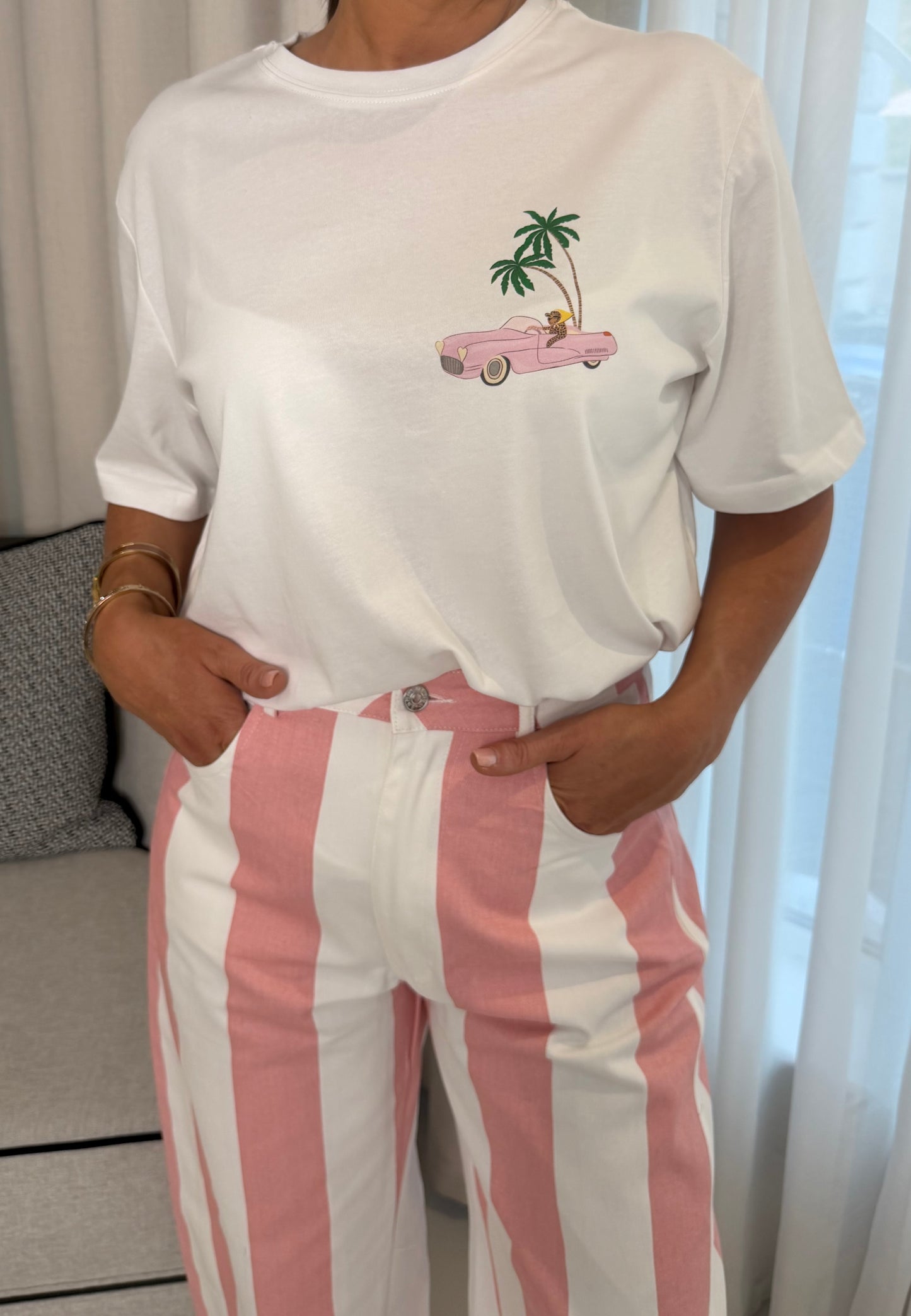 White & Pink Printed T-Shirt