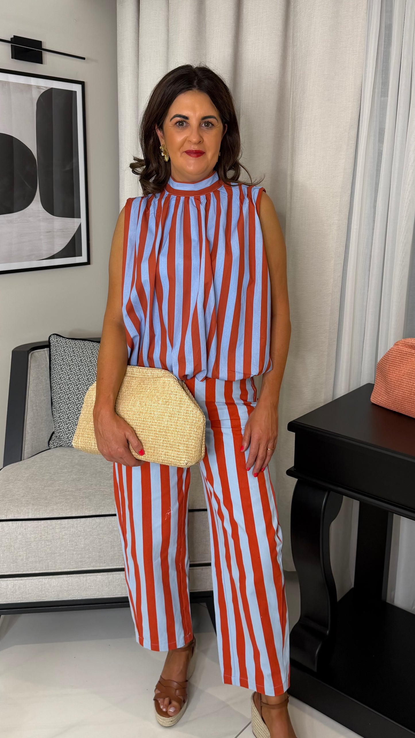 Terracotta & Blue Striped Open Back Top
