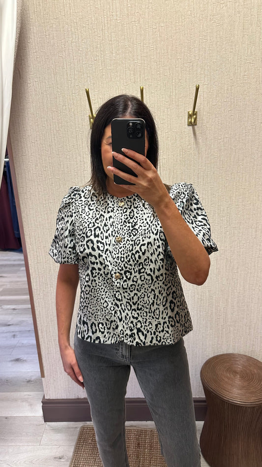 Grey Leopard Button-down Top
