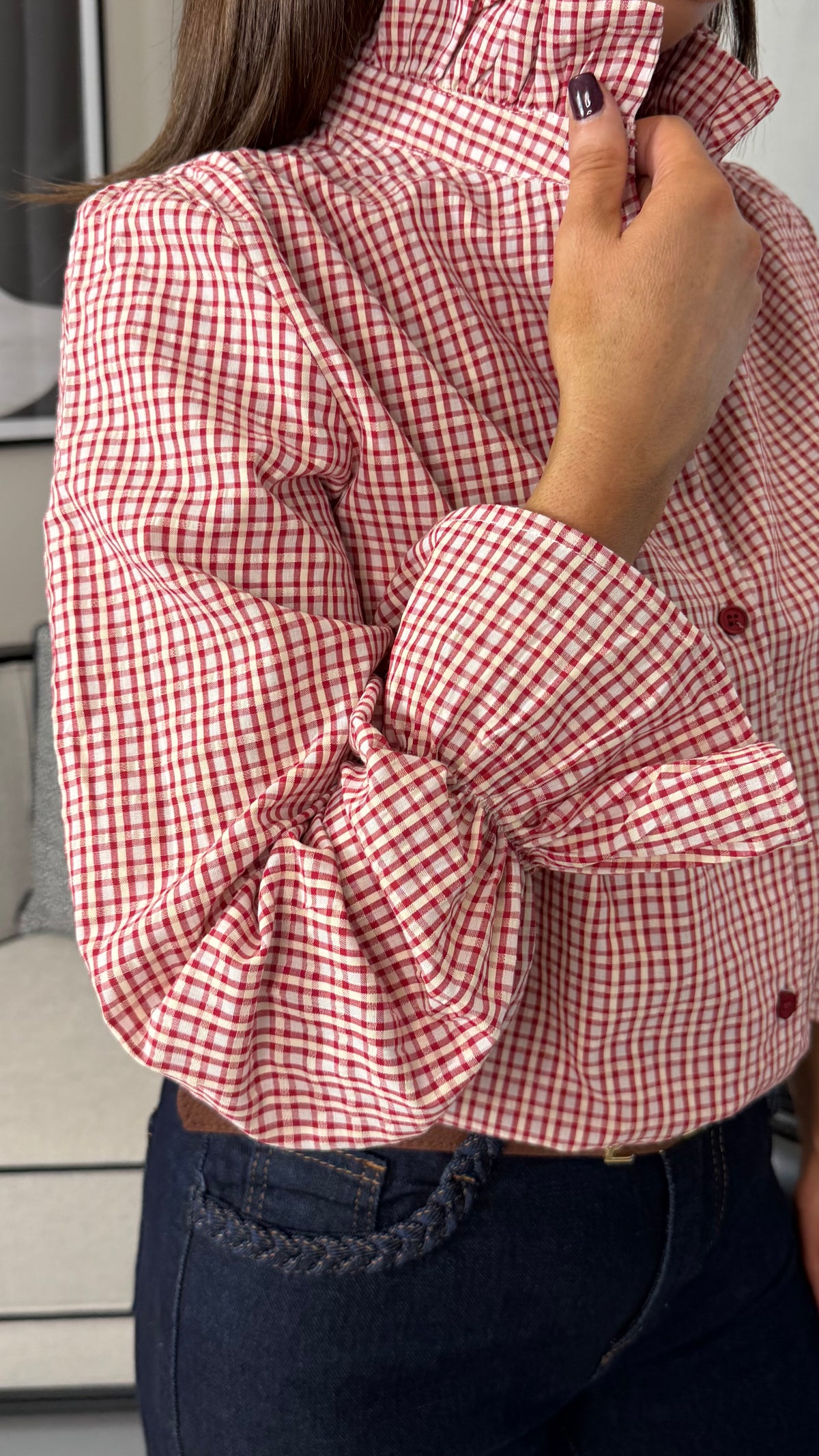 Red Check Shirt with Frill Collar