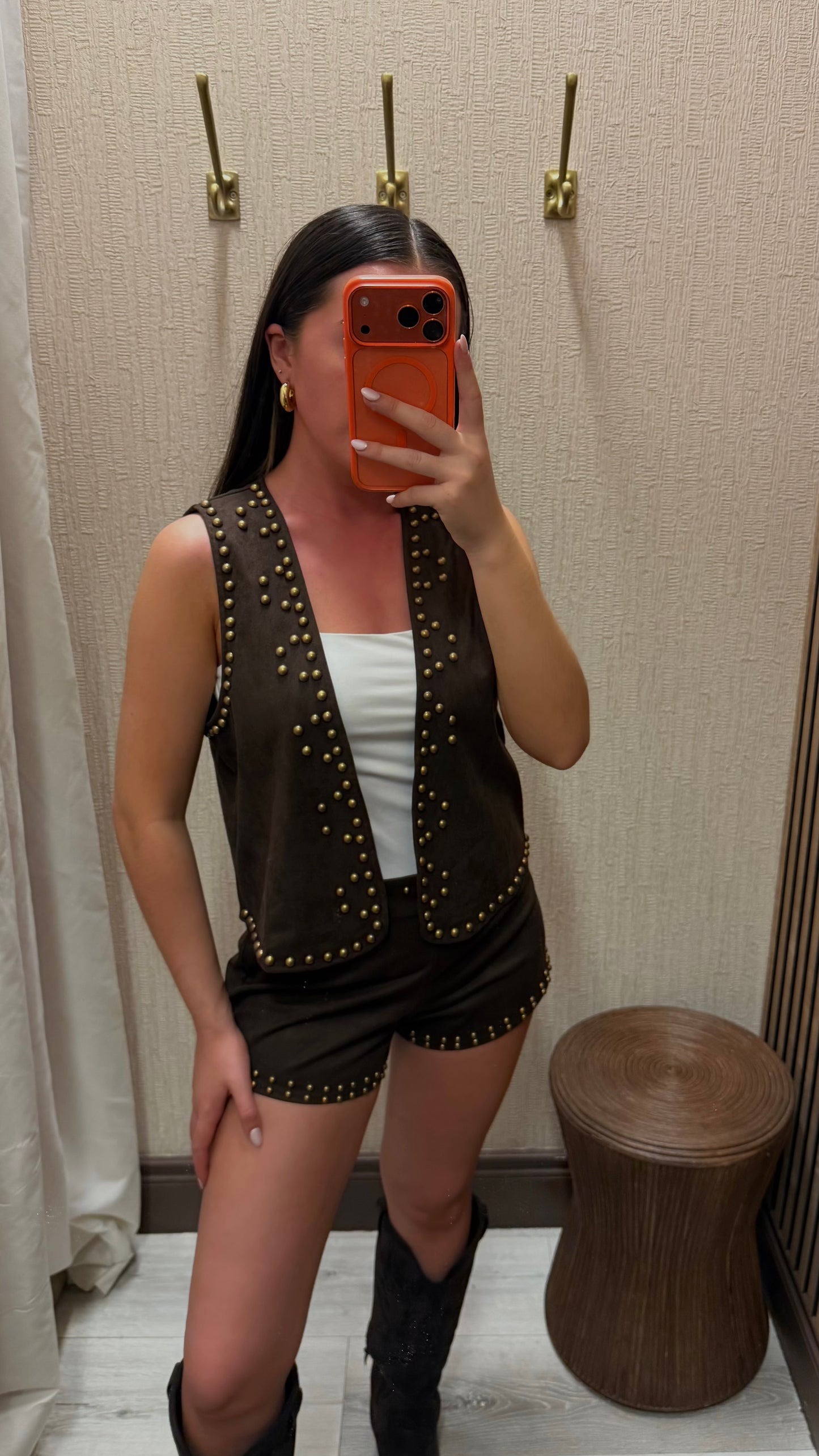 Brown Faux Suede Studded Waistcoat