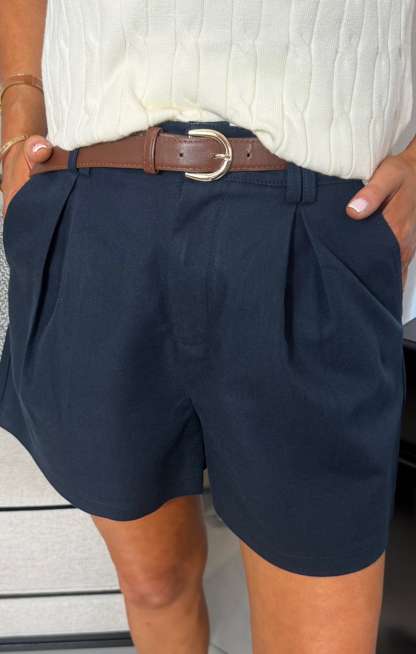 Navy Belted Tailored Shorts