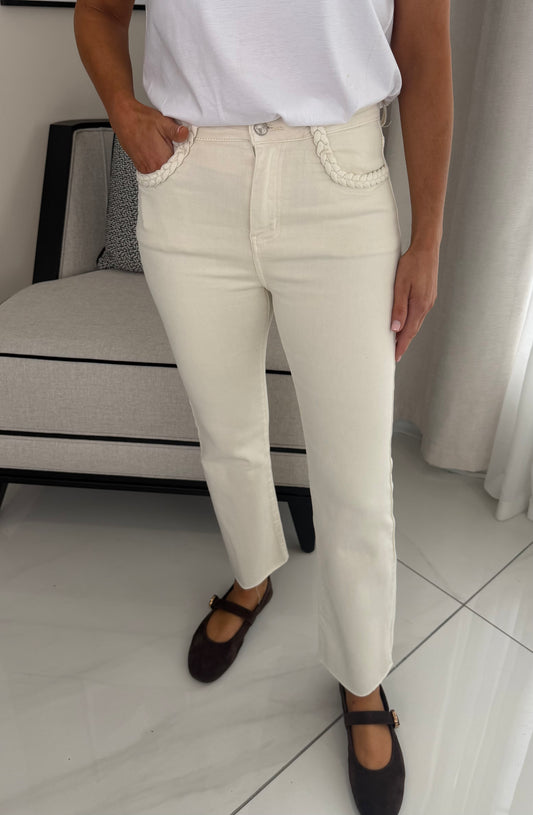 Cream Cropped Jeans with Plait Detail