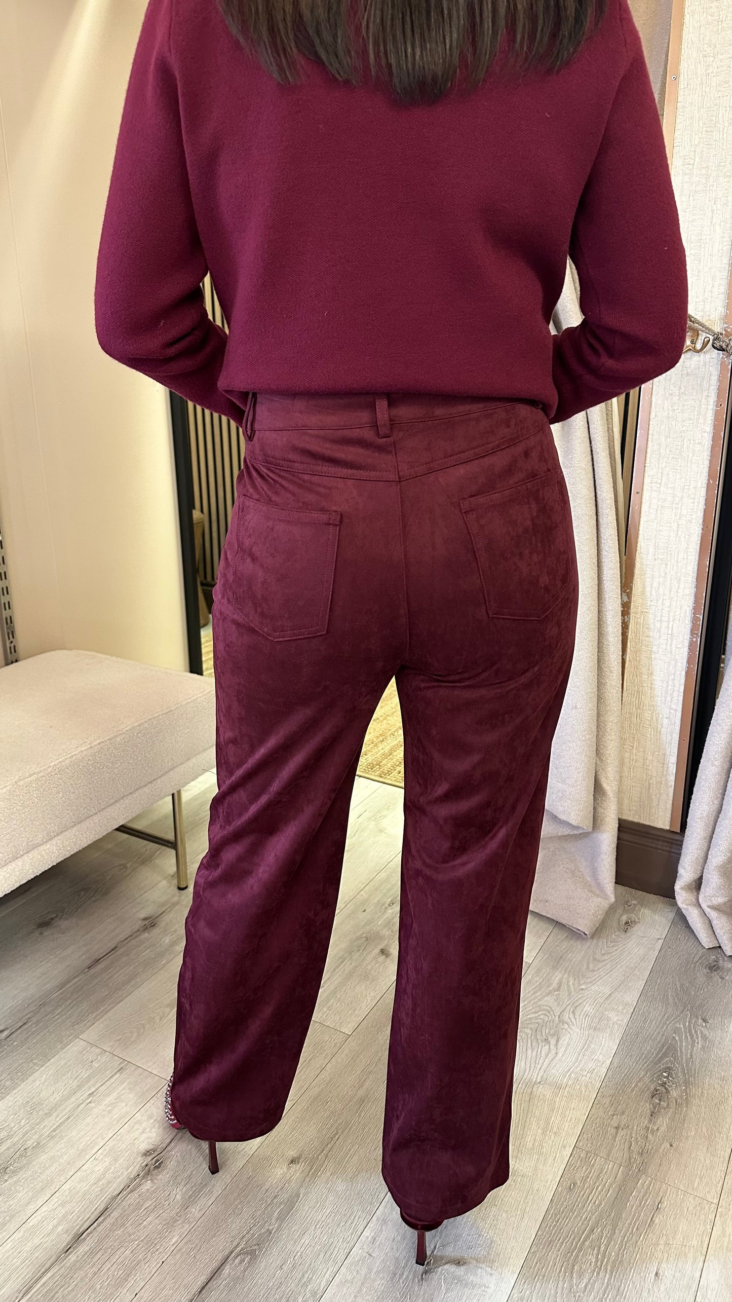 Wine Suedette Straight Leg Trousers