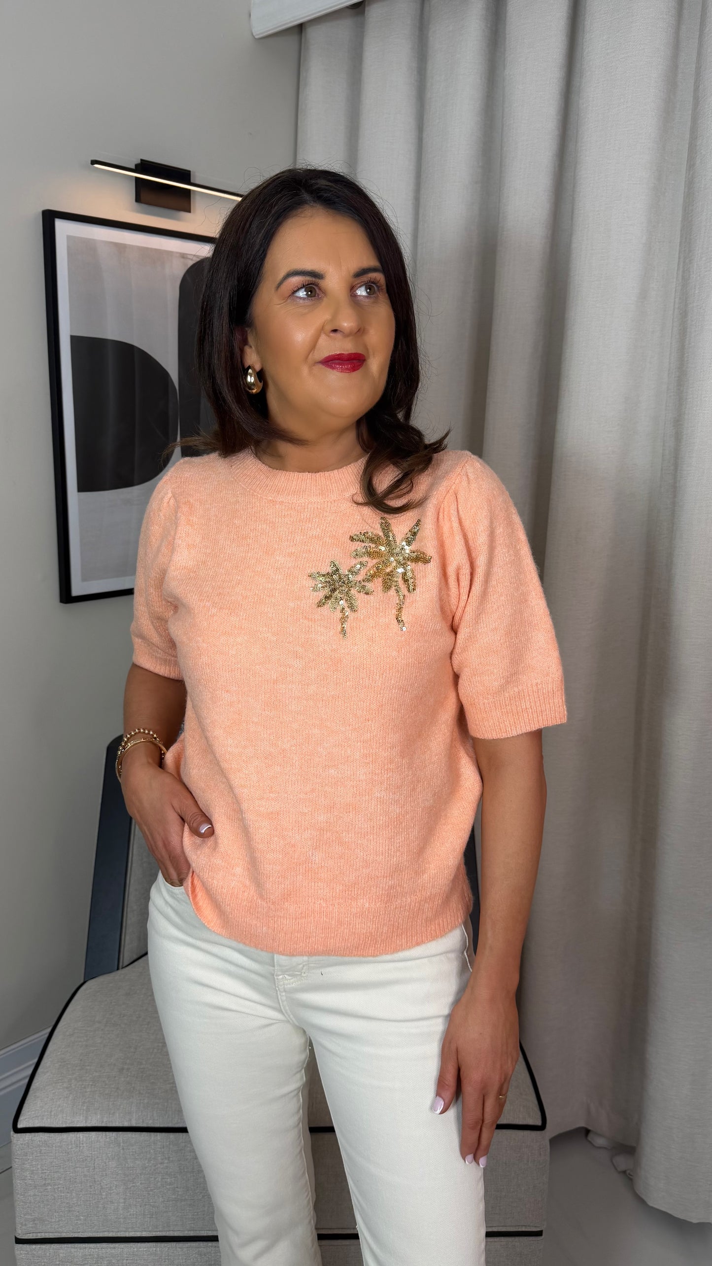 Peach Knit with Gold Sequins