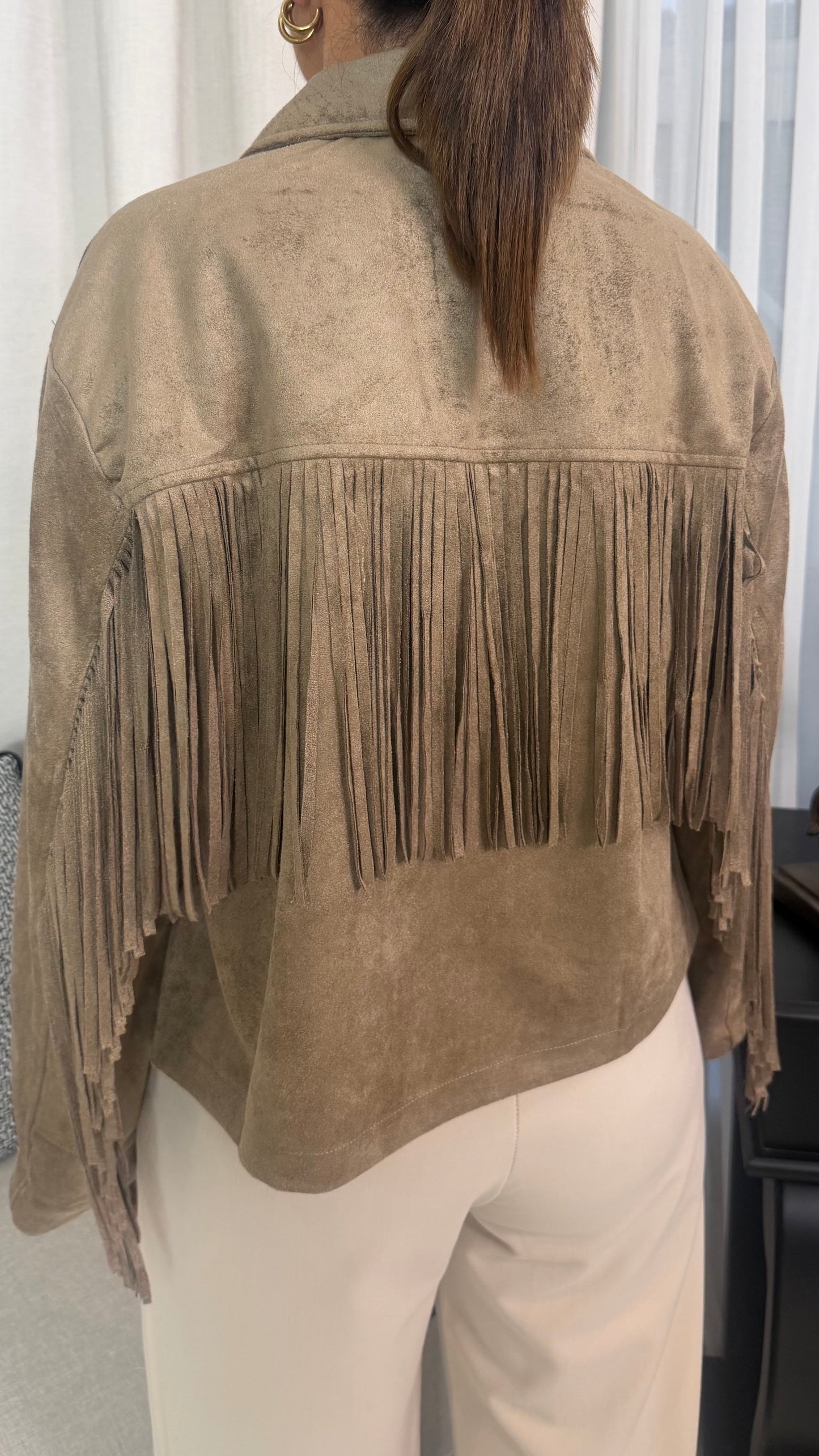 Jovi Faux Suede Fringe Jacket-Taupe