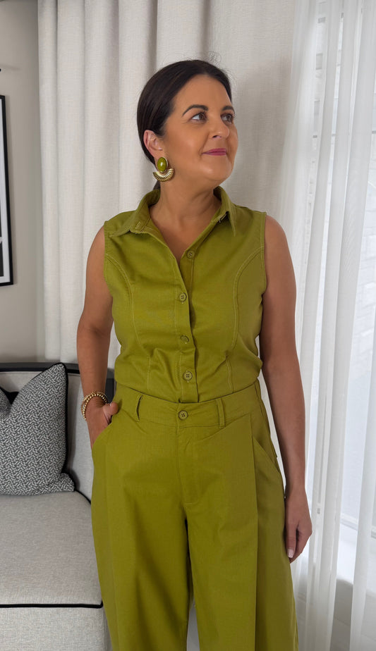 Olive Sleeveless Button-Down Shirt