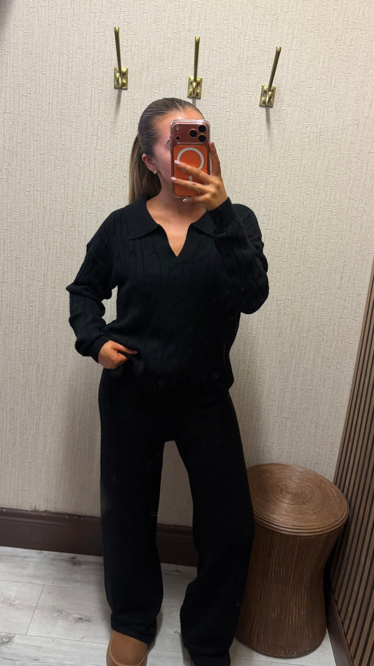 Black-Polo Cable Knit Lounge Set