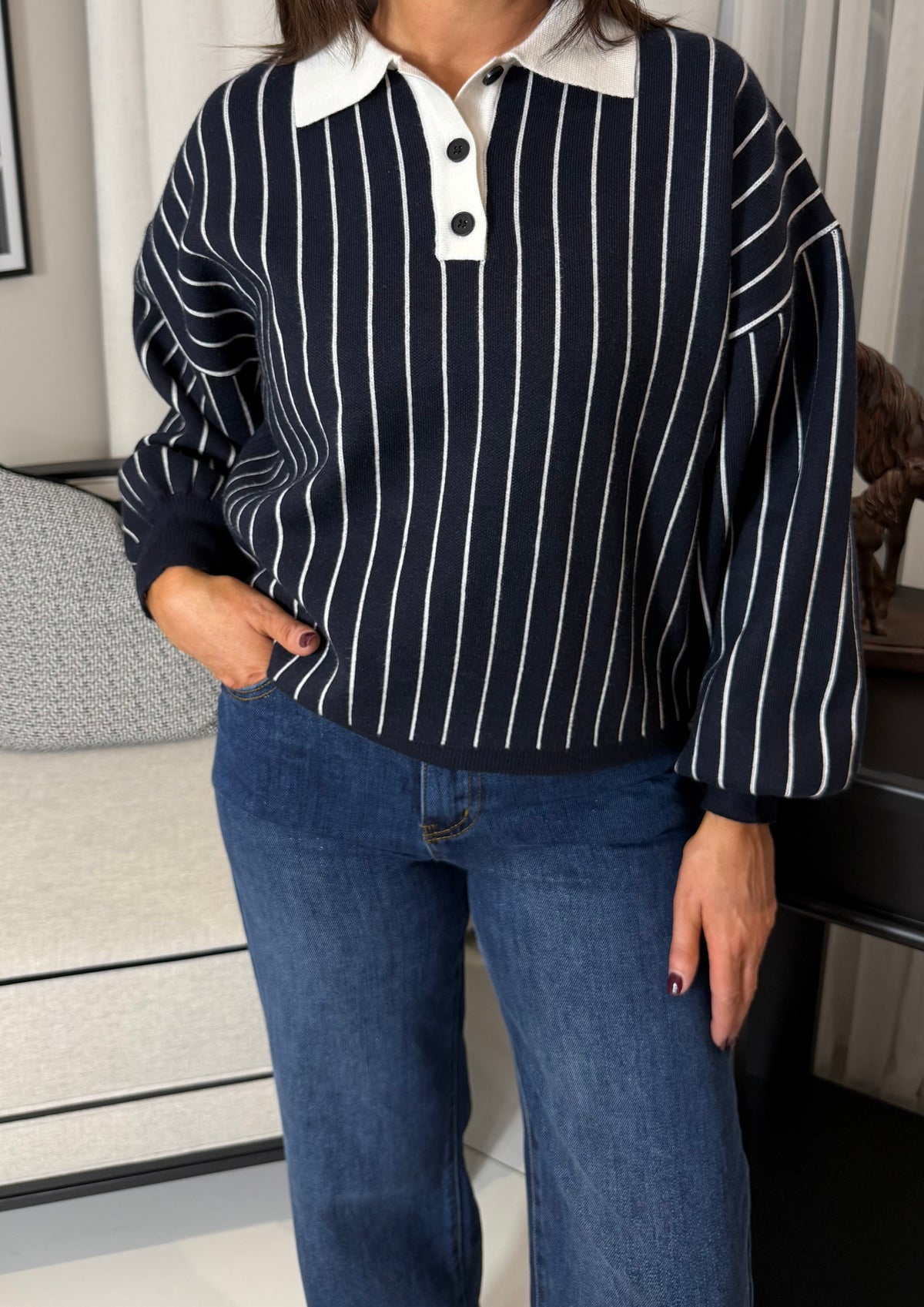 Navy Striped Polo Knit