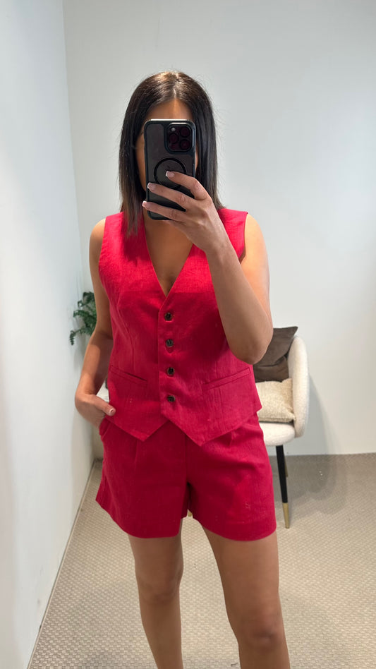 Red Linen-Blend Waistcoat