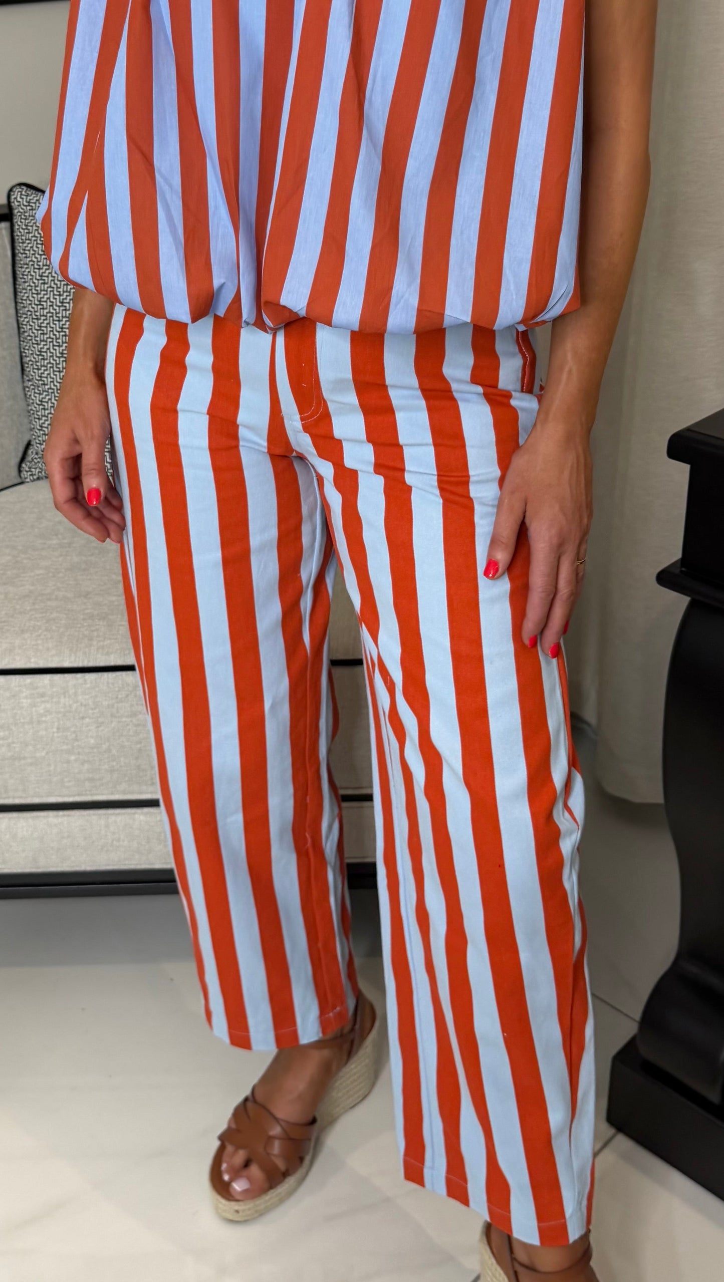 Terracotta & Light Blue Striped Jeans