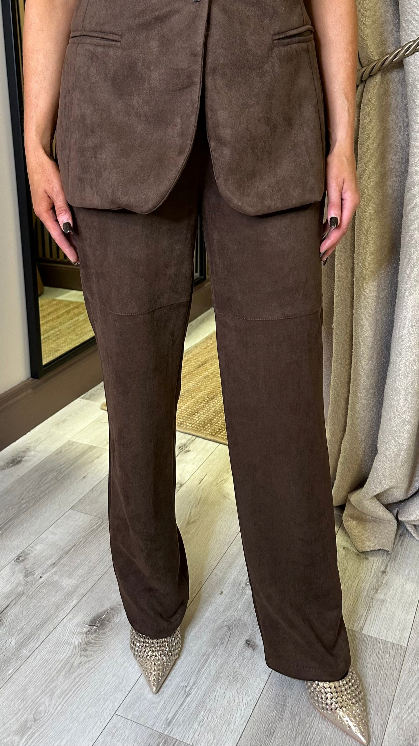 Chocolate Suedette Straight- Leg Trousers
