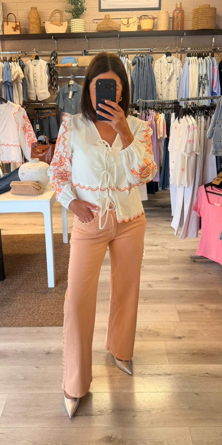 Wide Leg Orange Jeans with Studding