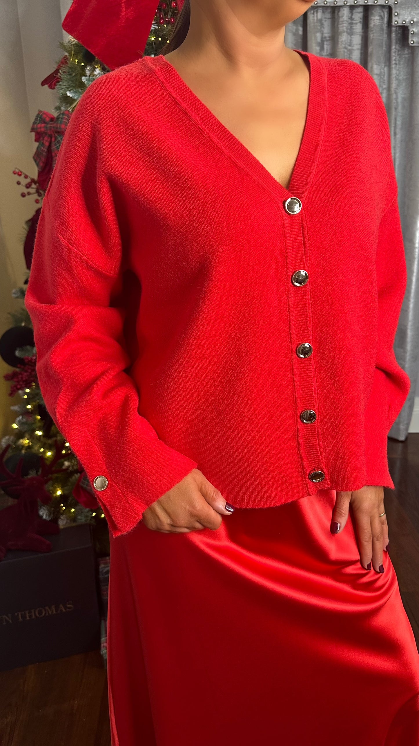 Red Cardigan with Gold Buttons