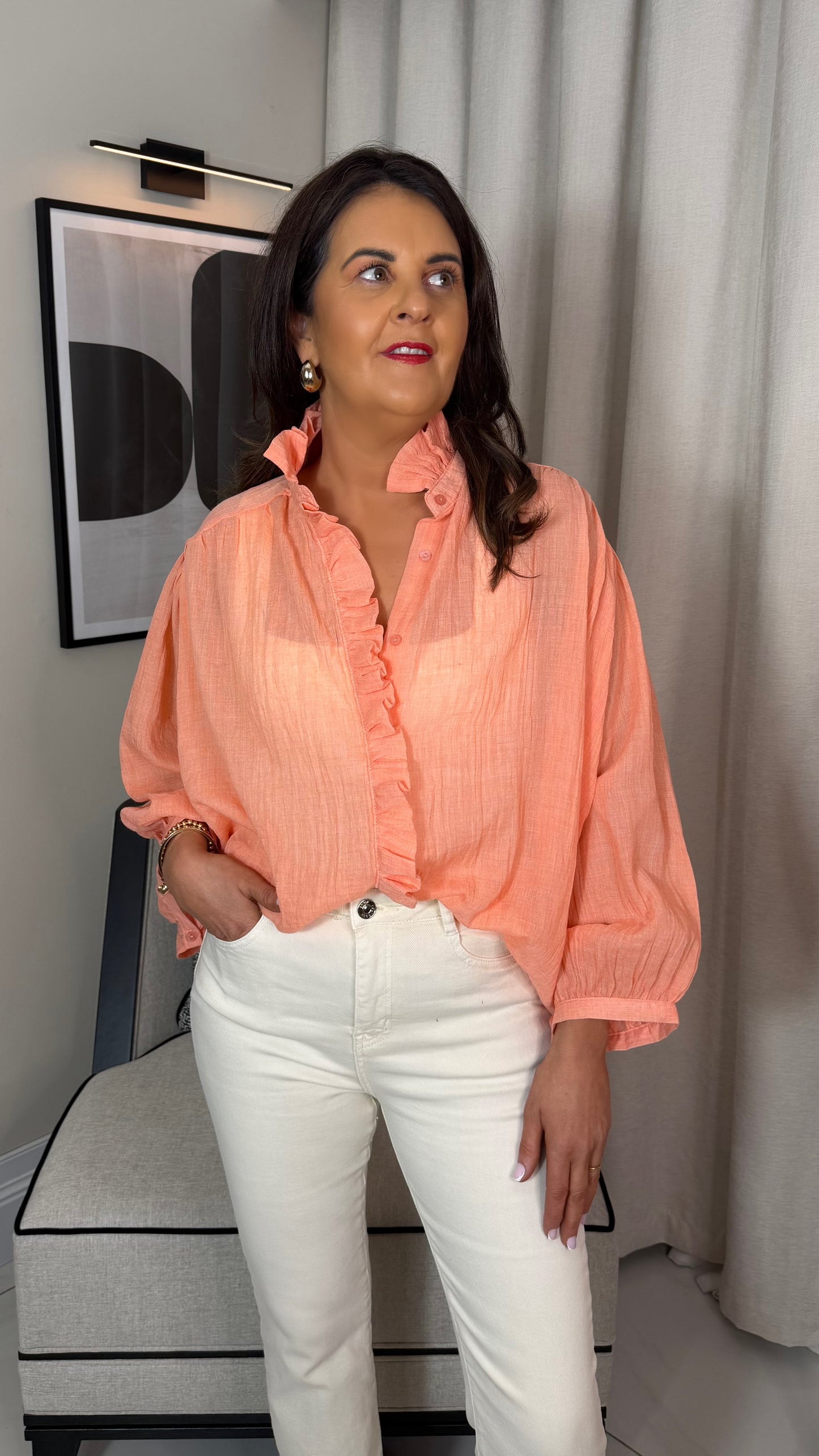 Peach Linen-Blend Oversized Blouse