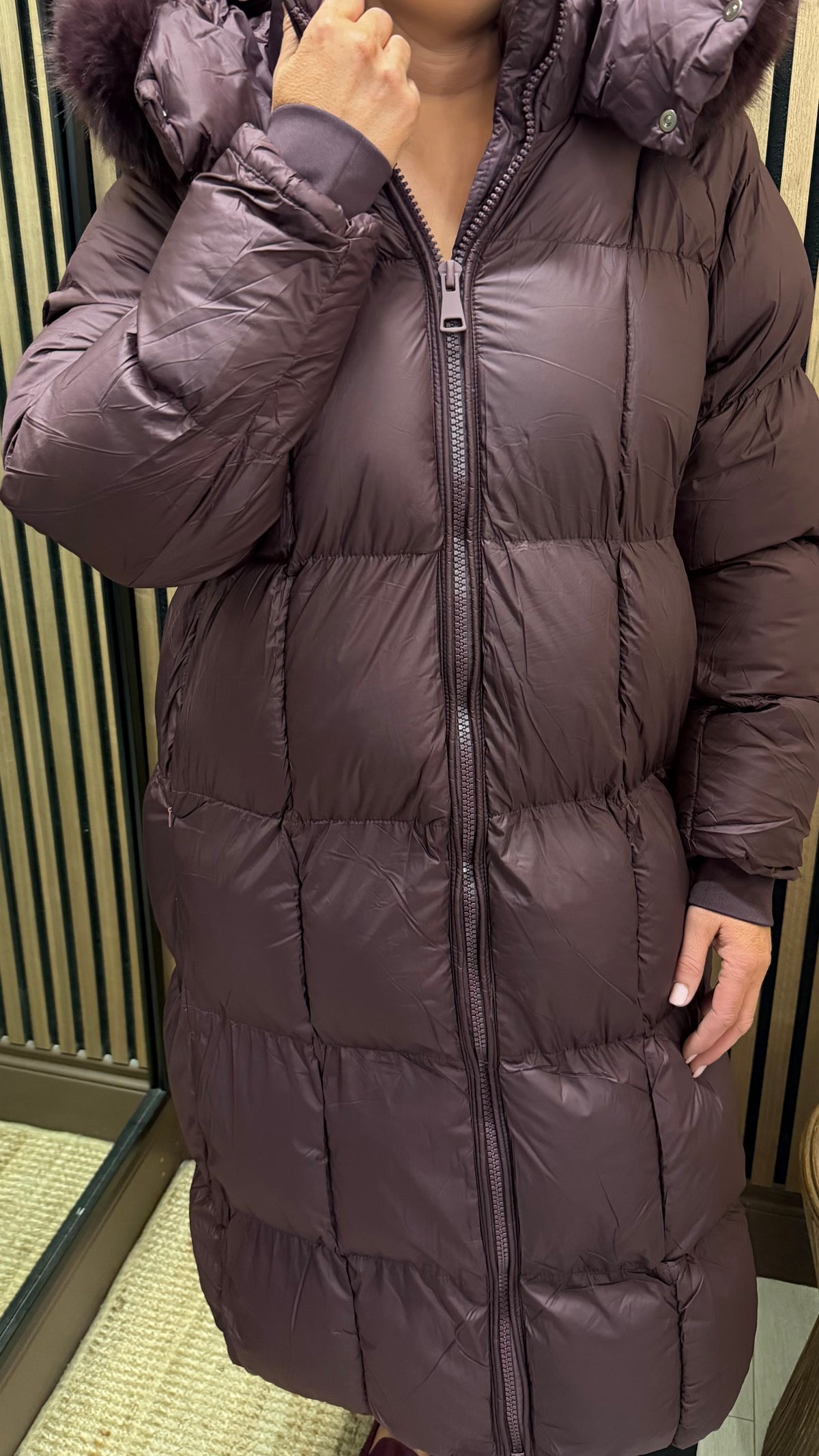 Plum-Long Faux-Fur Trim Puffer Coat