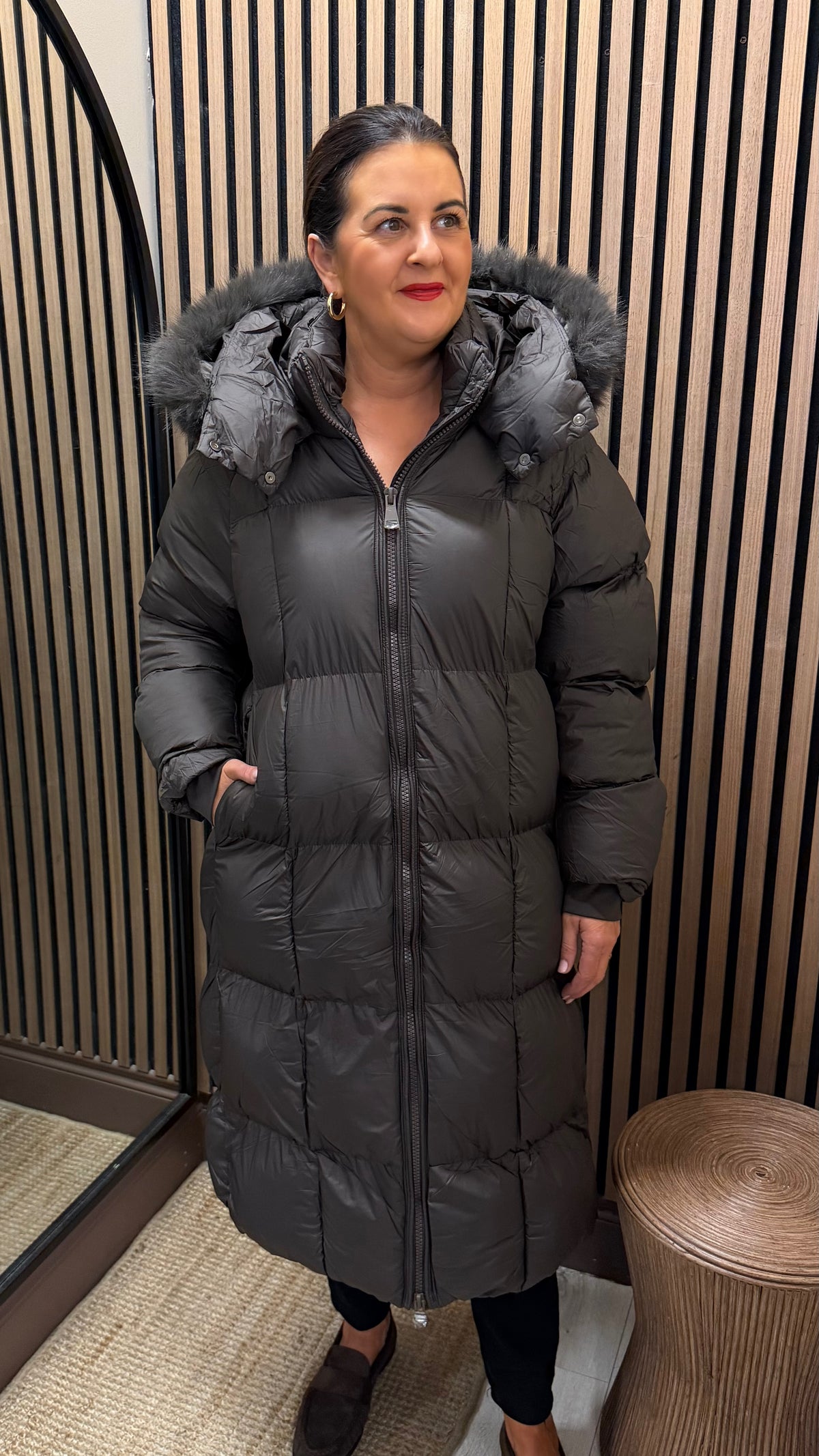 Chocolate -Long Faux-Fur Trim Puffer Coat