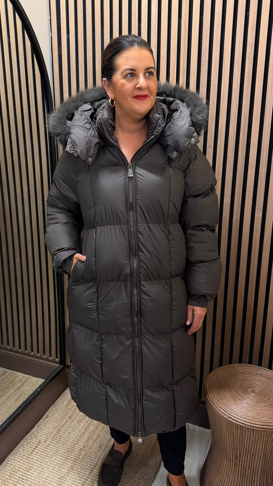 Chocolate -Long Faux-Fur Trim Puffer Coat
