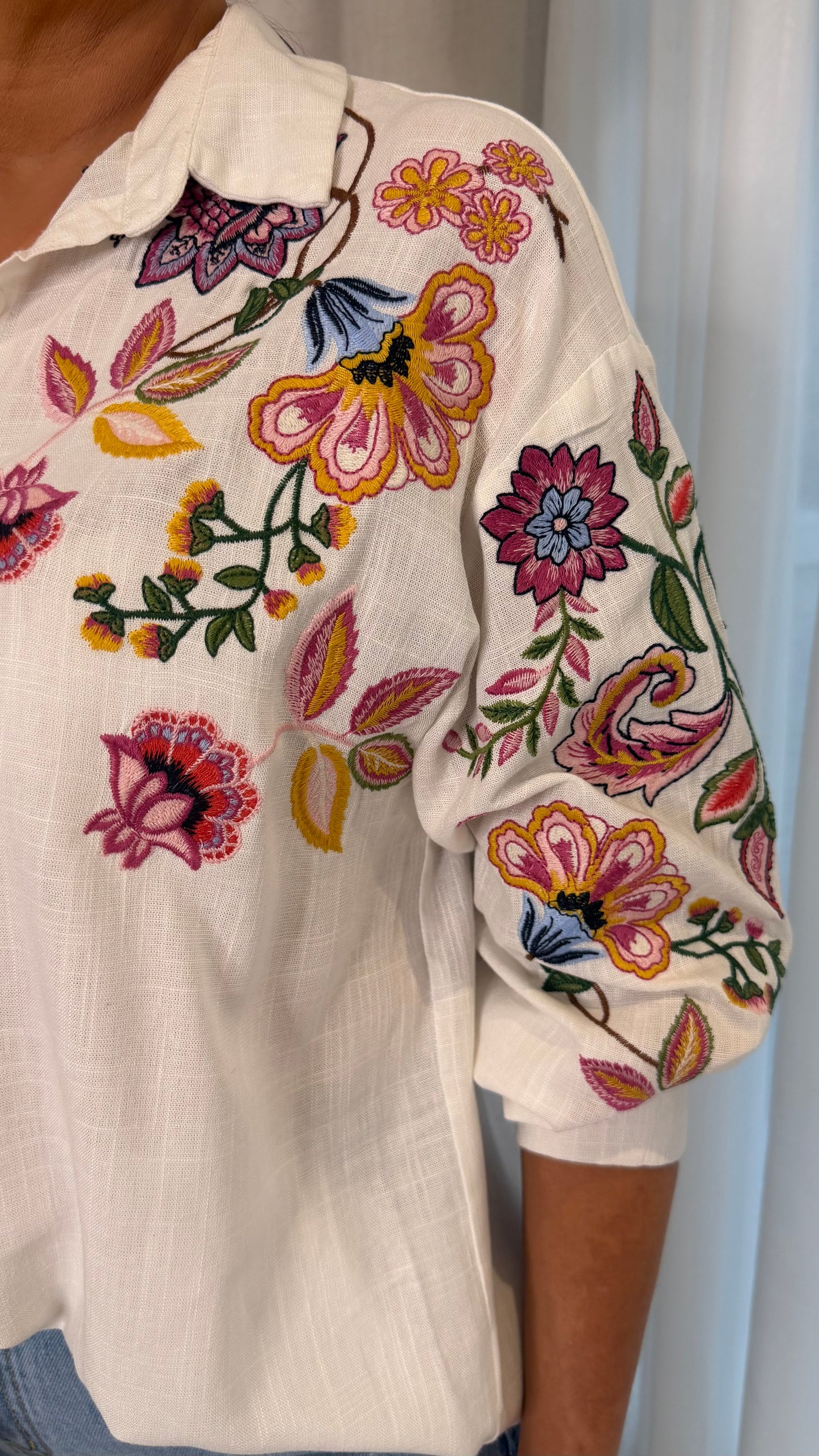 Emily White Embroidered Linen-Blend Shirt