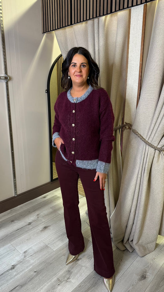 Wine & Grey Crew Neck Cardigan